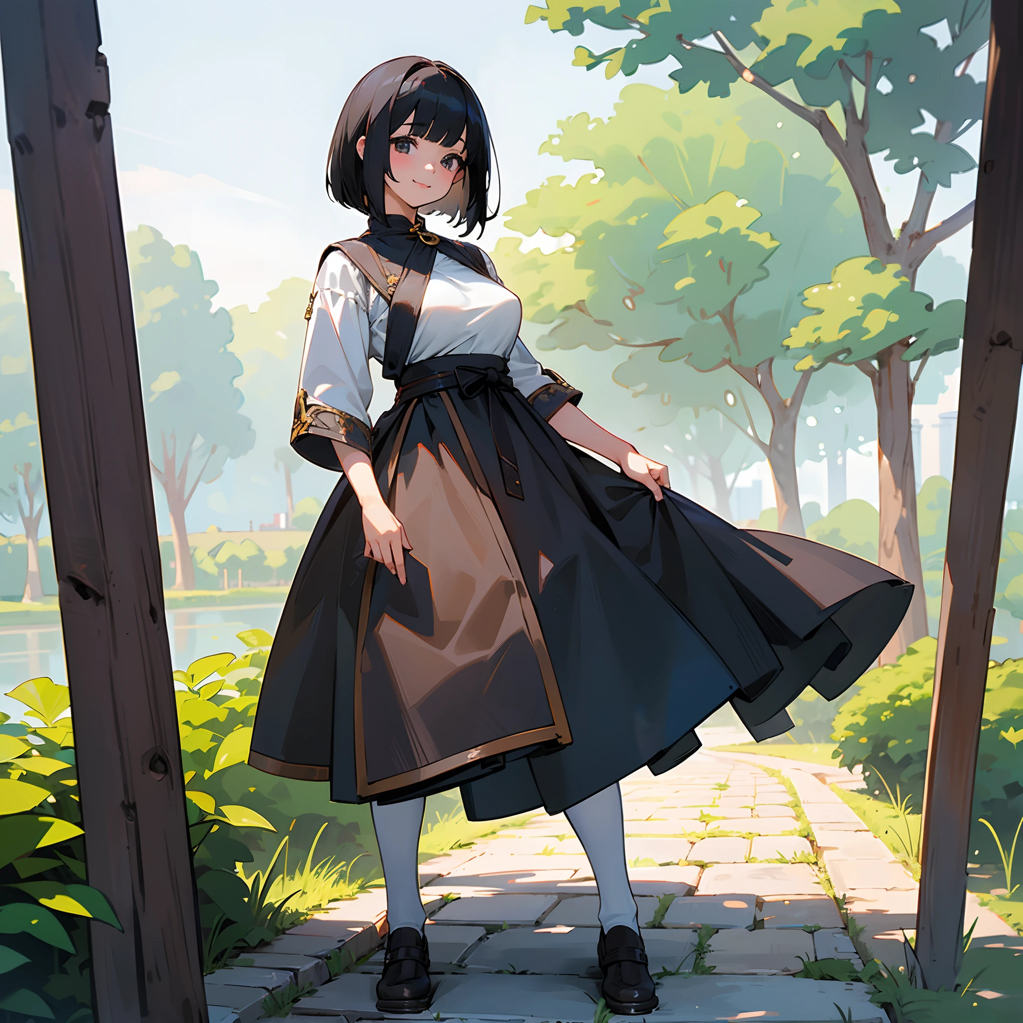 With the best image quality、 girl standing alone outdoors。In high resolution、Beautiful fine details、tranquil atmosphere。((Black Hair Bob Hair))、Cute smile。(((breasts are large)))、I don't have anything in my hands、realistic hand、Medieval European national costume with short sleeves、Medieval European Streets、Leather shoes。