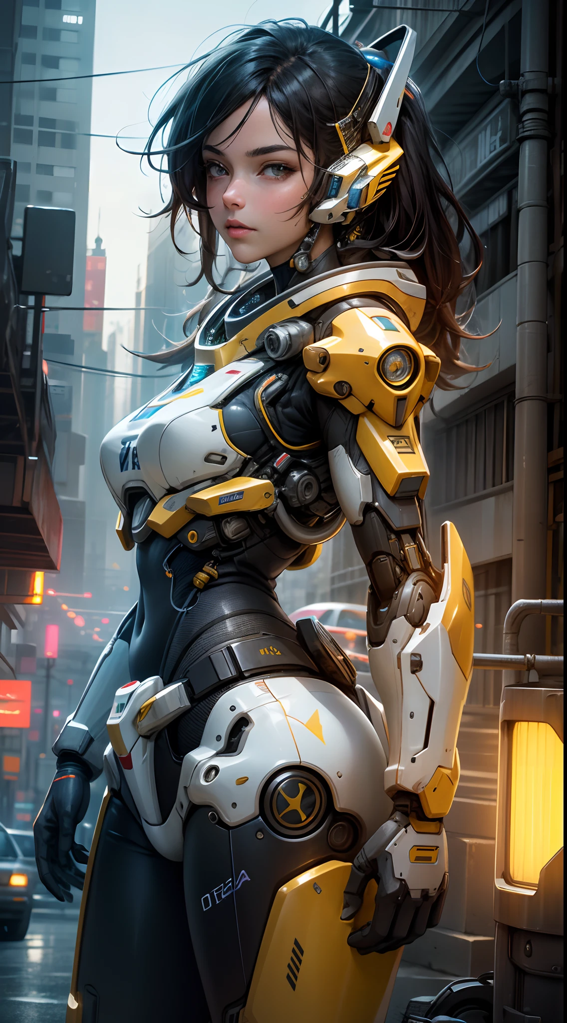 Hermosa mujer, best quality,masterpiece,realistic,sky,night,1man, yellow mecha_robot,relic scenes,cyberpunk,school of fish,(neon lights:0.7),rim lighting,transformers style,fondo azul:1.4,motor irreal:1.4,UHD,La mejor calidad:1.4, fotorrealista:1.4, textura de la piel:1.4, obra maestra:1.8,detailed:1.4