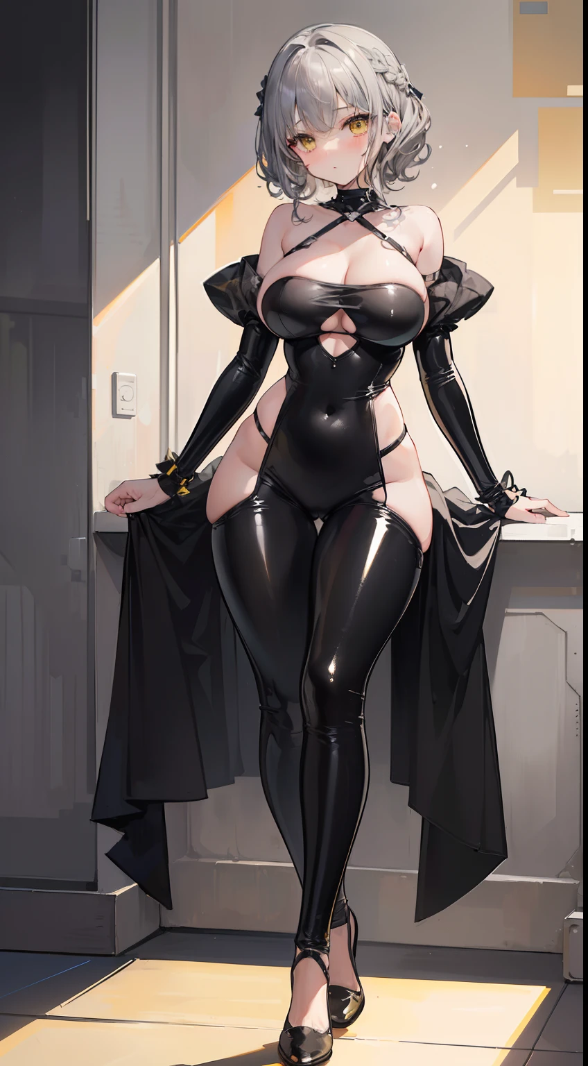 (top-quality、masterpiece、high-level image quality、Super delicate)、((a beauty girl))、(smooth dull gray hair)、(curly short hair、Long bangs)、(Braided hair)Yellow eyes like a brilliant sunset、Black Choker、Moderately large breasts、((Black Full Body Rubber Suit))、Obscene tattoos、(Experimental body)