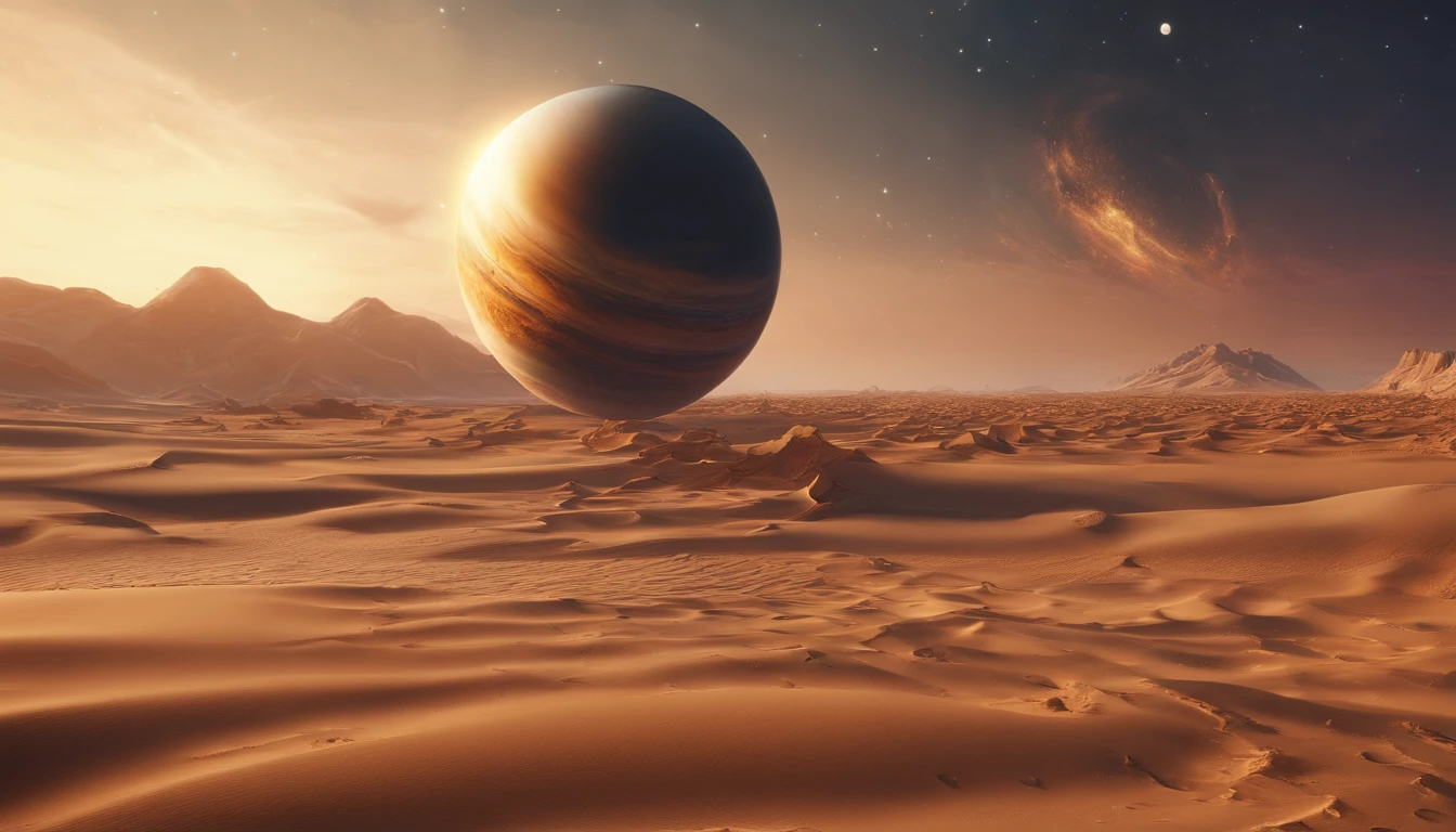 Huge planet, Barren desert, the night, starrysky, Surrealism, masterpiece, highres, 16k