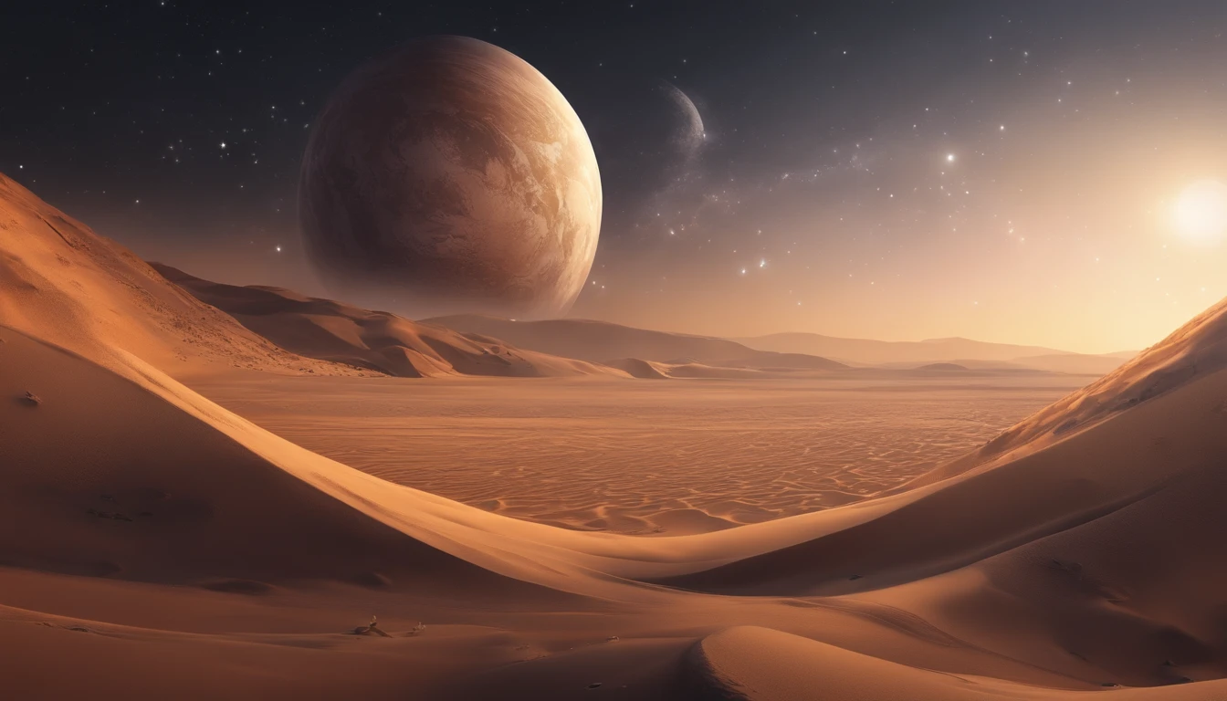 Huge planet, Barren desert, the night, starrysky, Surrealism, masterpiece, highres, 16k