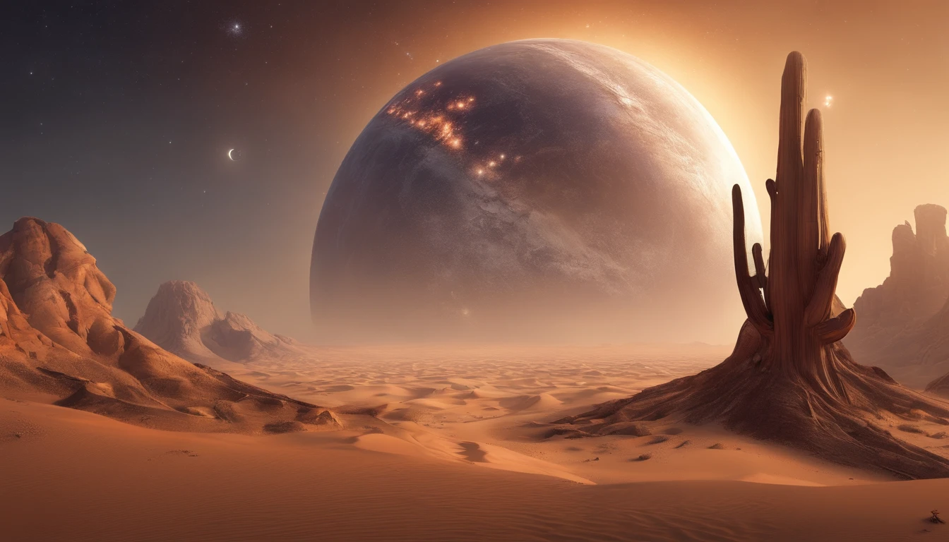 Huge planet, Barren desert, the night, starrysky, Surrealism, masterpiece, highres, 16k