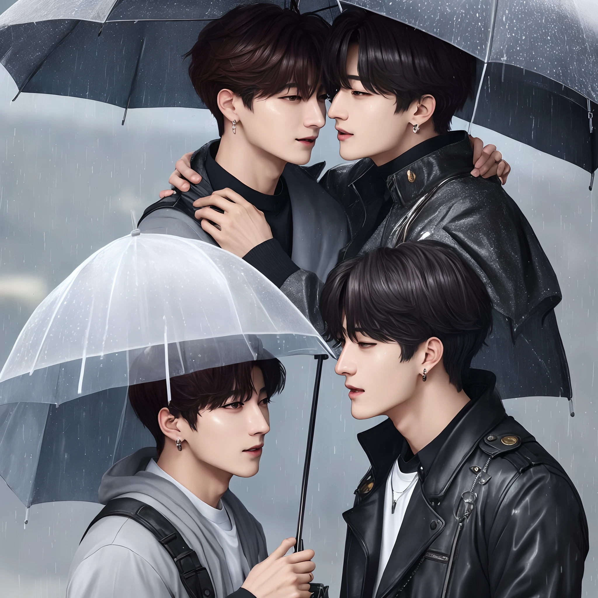 Jeon Jungkook y Taehyung de BTS abrazandoce bajo la lluvia mientras que Jungkook sostiene un paraguas