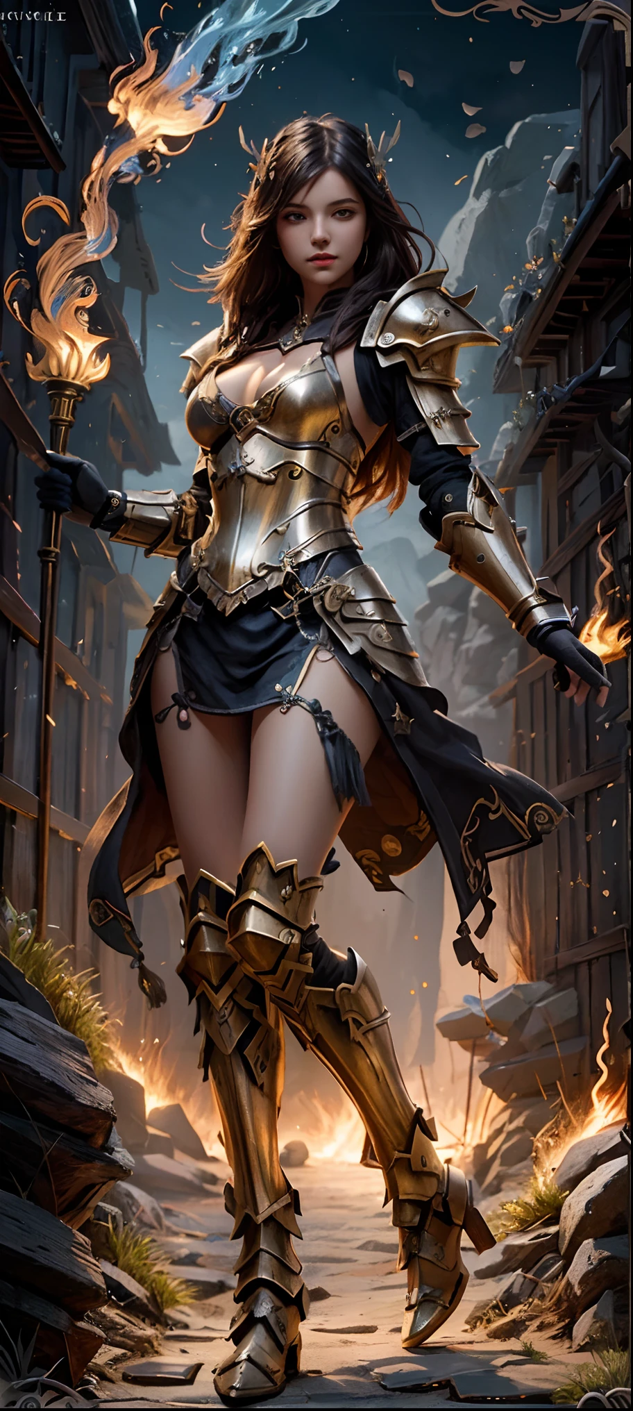 ((masterpiece:1.5, best-quality:1.5, 8k, embossed picture, Extreme realistic, light fantasy)). ((his eyes focus on looking at the viewer)). ((Process mode: SeaArt 2.1)). a close up of a woman in armor holding a fire, fantasy paladin woman, armor girl, Proportional breasts, real breast cleavage, style of raymond swanland, female knight, mechanized valkyrie girl, fantasy art behance, bikini armor female knight, fantasy warrior, fantasy card game art, epic exquisite character art, tyler edlin fantasy art, epic fantasy style art, epic fantasy character art