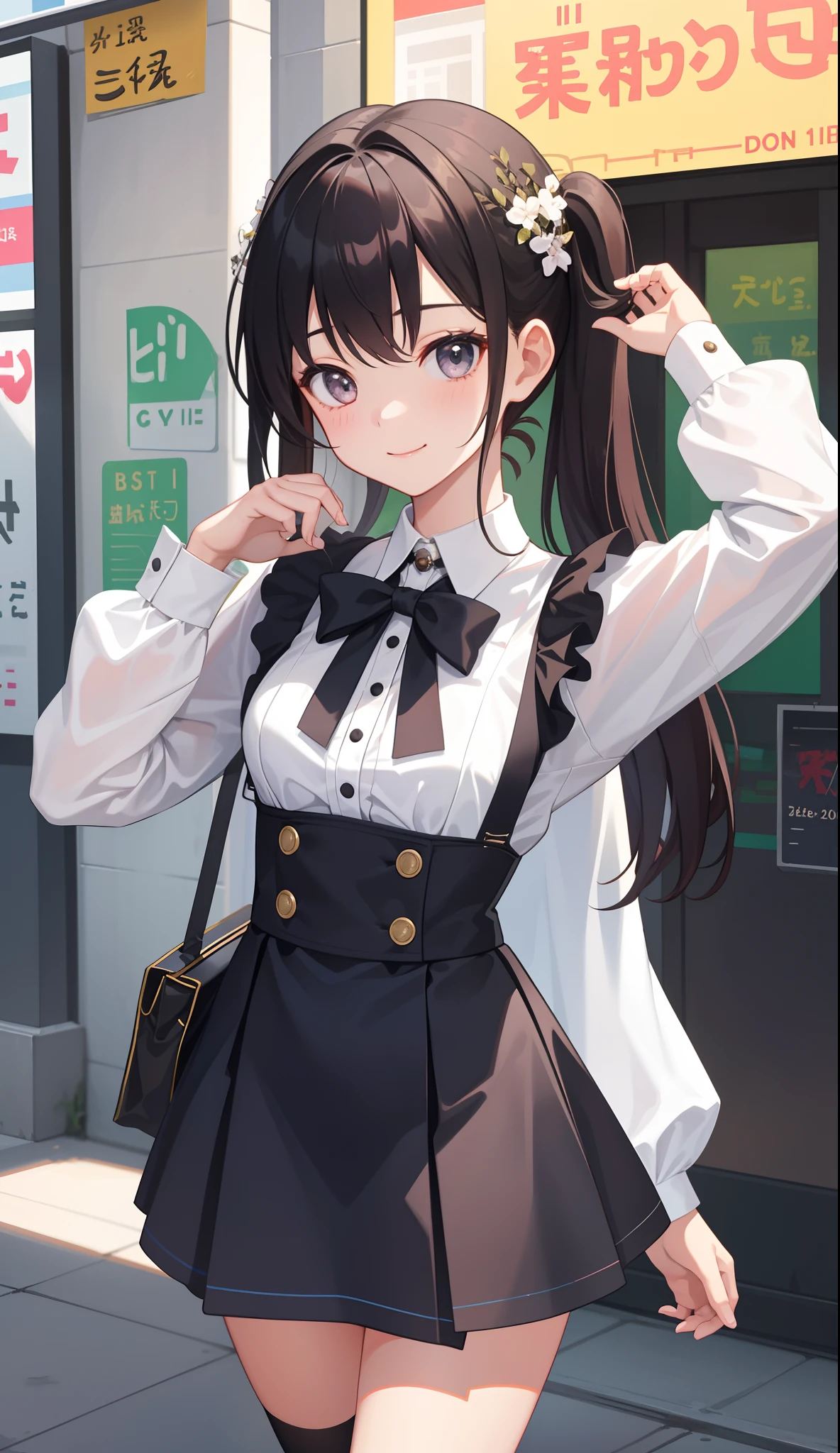 1girl in、AS-Adult、A smile、The shirt、skirt by the、（small tits）、doress、pinafore、Hair decoration、（Maid costume）、Walking with a thigh、Upper body portrait、