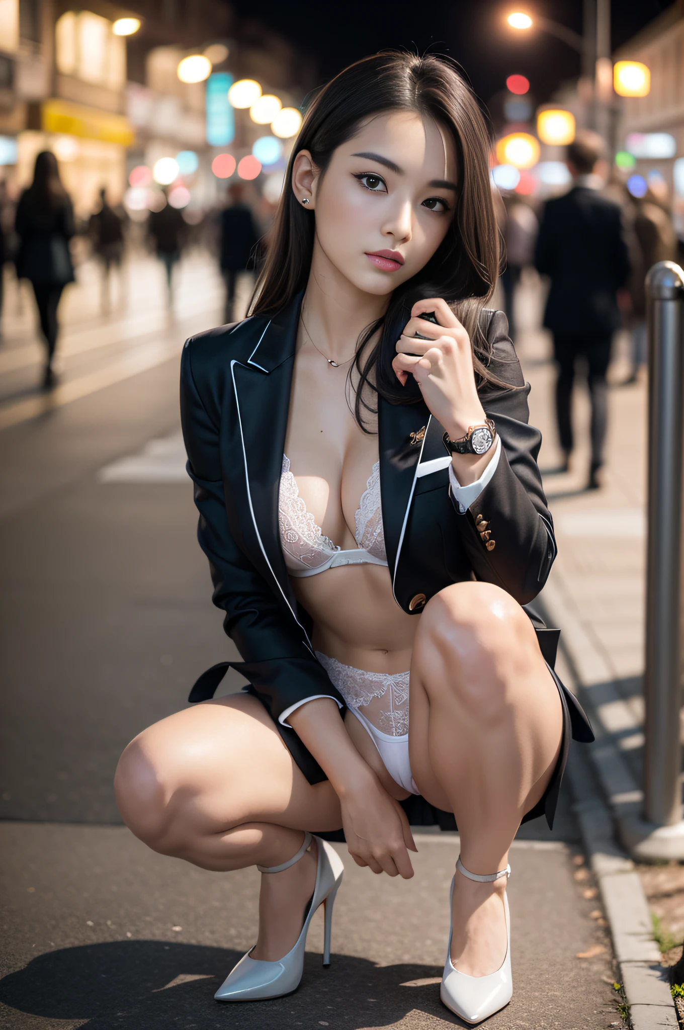 (Raw photo, of the highest quality, Realistic, Photorealistic: 1.3, Professional Lighting), masutepiece, Very delicate and beautiful, Highly detailed, nffsw, Unity, Fine details, Highly detailed ticker Unity 8k wallpaper, Huge file size, Super Detail, High resolution, Sidewalks with a lot of people at night, Beautiful Russian university student, Blonde: 1.5, Long hair, tall, Height 170 cm: 1.5, Weight is 60 kg, Lean proportions: 1.5, Model Figure, Detailed fingers, Very detailed eyes and face, Beautiful blue eyes, long eyelashes, Watch the viewer, 1 girl, Beauty face: 1.2, Mature Face, Full body: 1.5, Small breasts, Realistic face, Realistic body, Be sure to wear a blazer and short skirt and high heels: 1.7, high-heels: 1.5, Lace white underwear, Crotch open to show panties: 1.6, Squatting, manspreading, The shape of the woman's pubic area is clearly visible, Pubic hair, , Textured skin