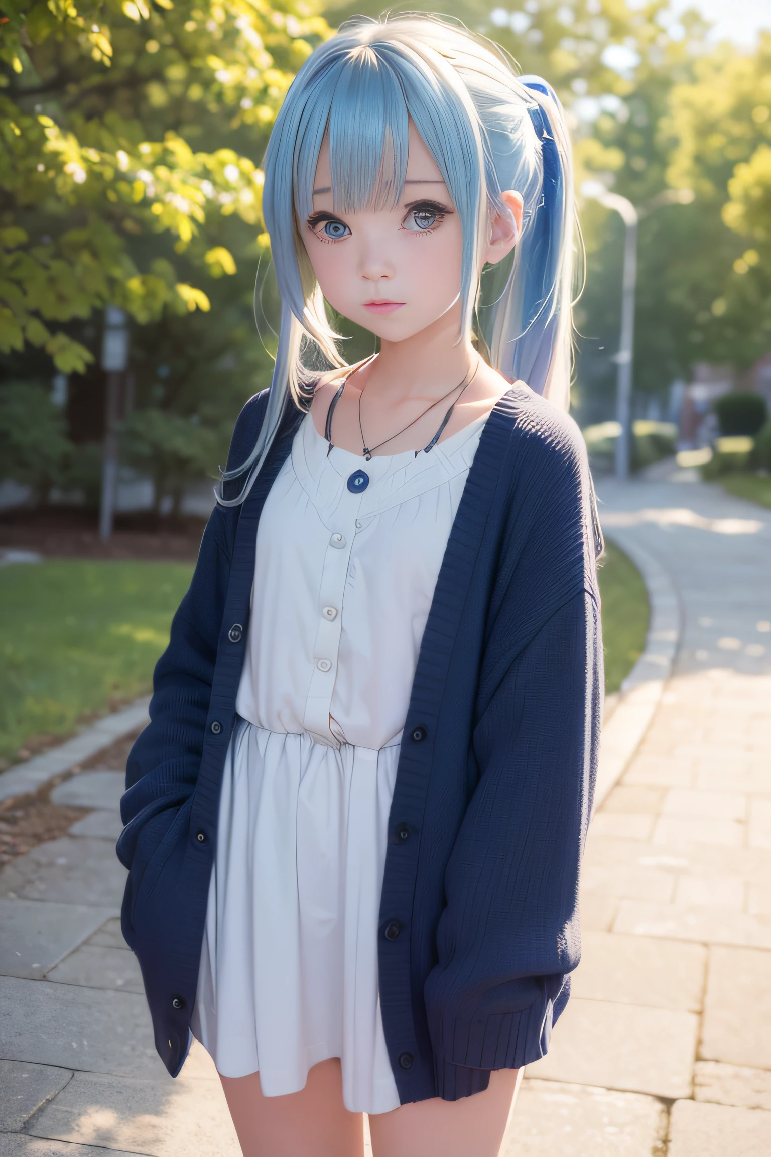 realistic, anime screencap, breasts, view straight on, standing, ite, a cute girl, small breasts, bangs, hair pulled back, floating hair, sidelocks, pale blue hair, two-tone hair, flowing hair, flat chest, bright skin, ribbon, necklace, ring, cardigan, white shirt, collarbones, outdoors, blue sky, 8k resolution