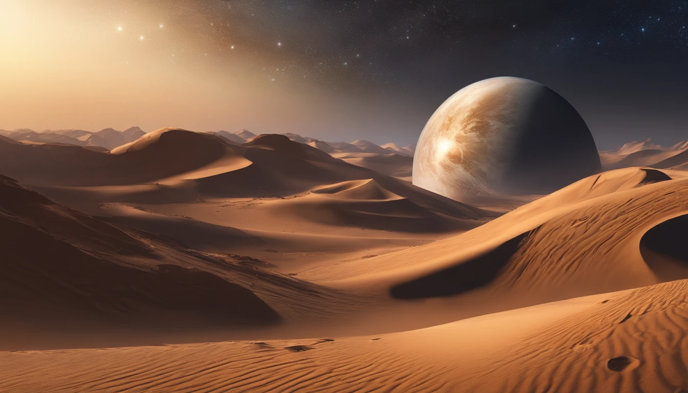 Huge planet, Barren desert, the night, starrysky, surrealism, Masterpiece, A high resolution, 16k