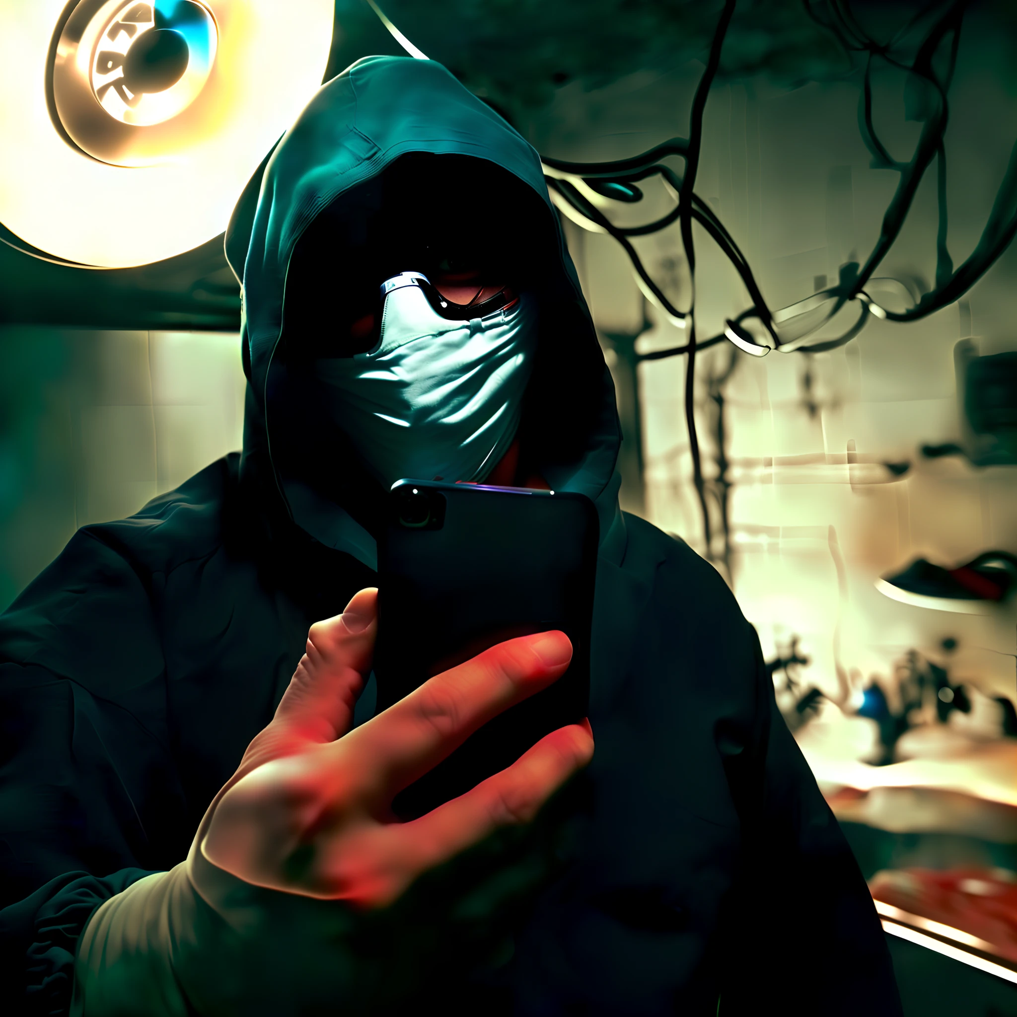 arafed person in a surgical mask holding a cell phone, cyberpunk hacker, cyberpunk horror style, masked person in corner, surgeon, cyberpunk photo, cyberpunk))), in an alleyway during the purge, tech noir, profile picture 1024px, in cyberpunk style, the plague doctor, tech-noir, hacker