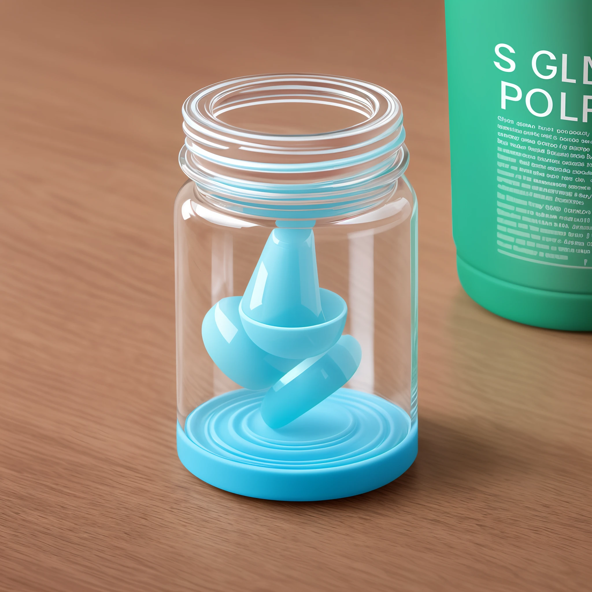 Create a mockup image of a dietary supplement product. The product should consist of a clear, spherical container with a lid. The container should be filled with blue soft gel capsules, completely occupying the interior space. The lid should have ridges or waves designed to facilitate grip and friction. Please ensure that the lighting highlights the translucency of the container and the vibrant blue color of the capsules --auto --s2