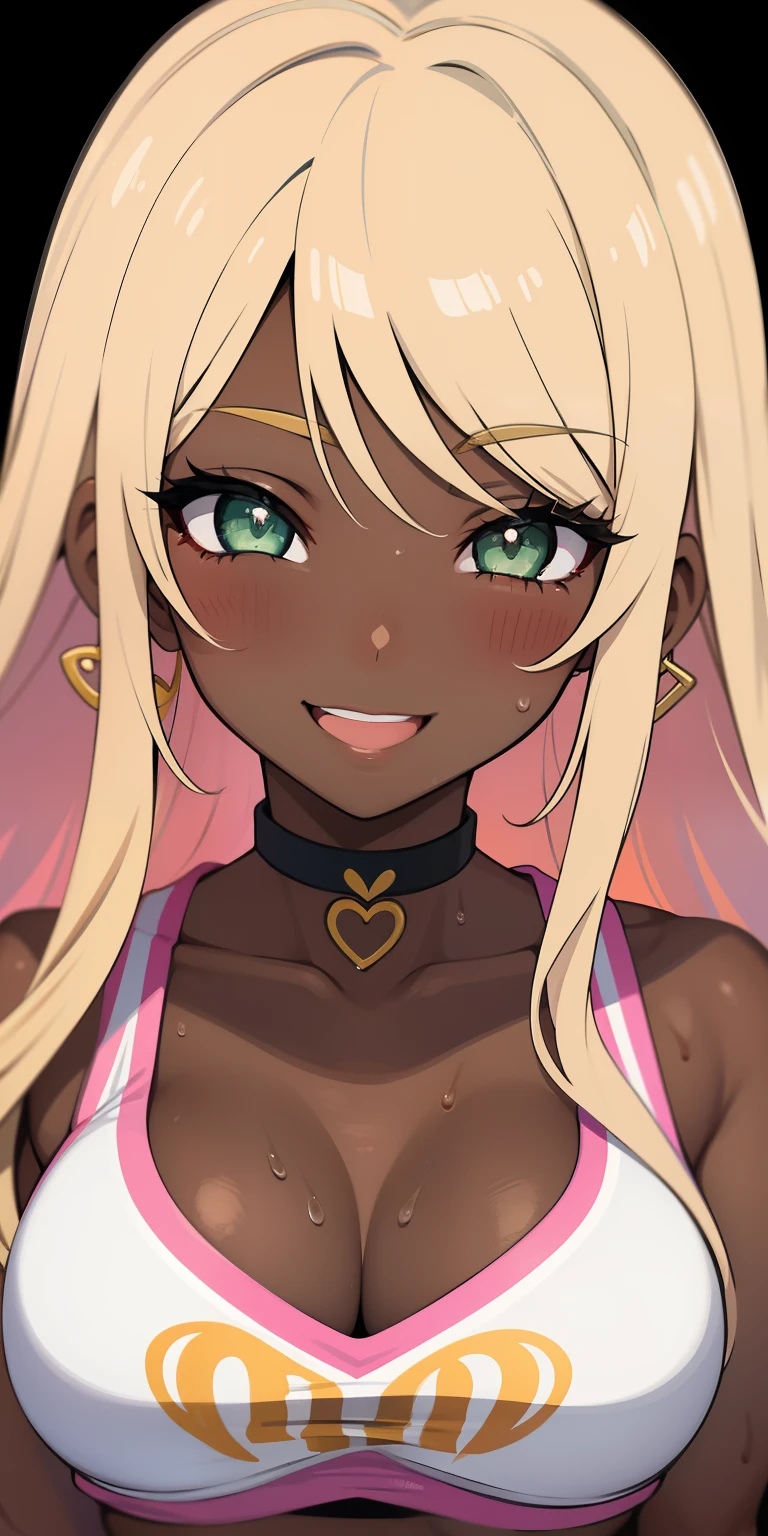 1girl,heart-shaped pupils ,(speed lines:1.1),medium breasts, gyaru, gyaru girl, green eyes , dark skin, heart in eyes, sweat , upper body , smile, happy , very gyaru , earrings , painted nails , choker, bra