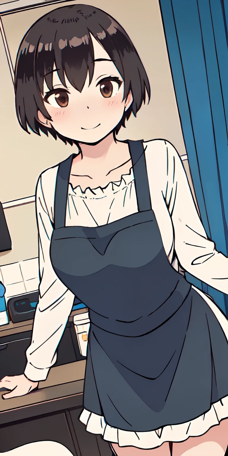 1girl, KENCHAN-MAMA, apron, Short hair, black hair, brown eyes, Solo, Solo Focus, female focus, (POV:1.4), smile, sitting chair, ((spread legs:1.2, open legs:1.2)), ((dildo ridding:1.4)), apron lift, (showes pussy, show off pussy),