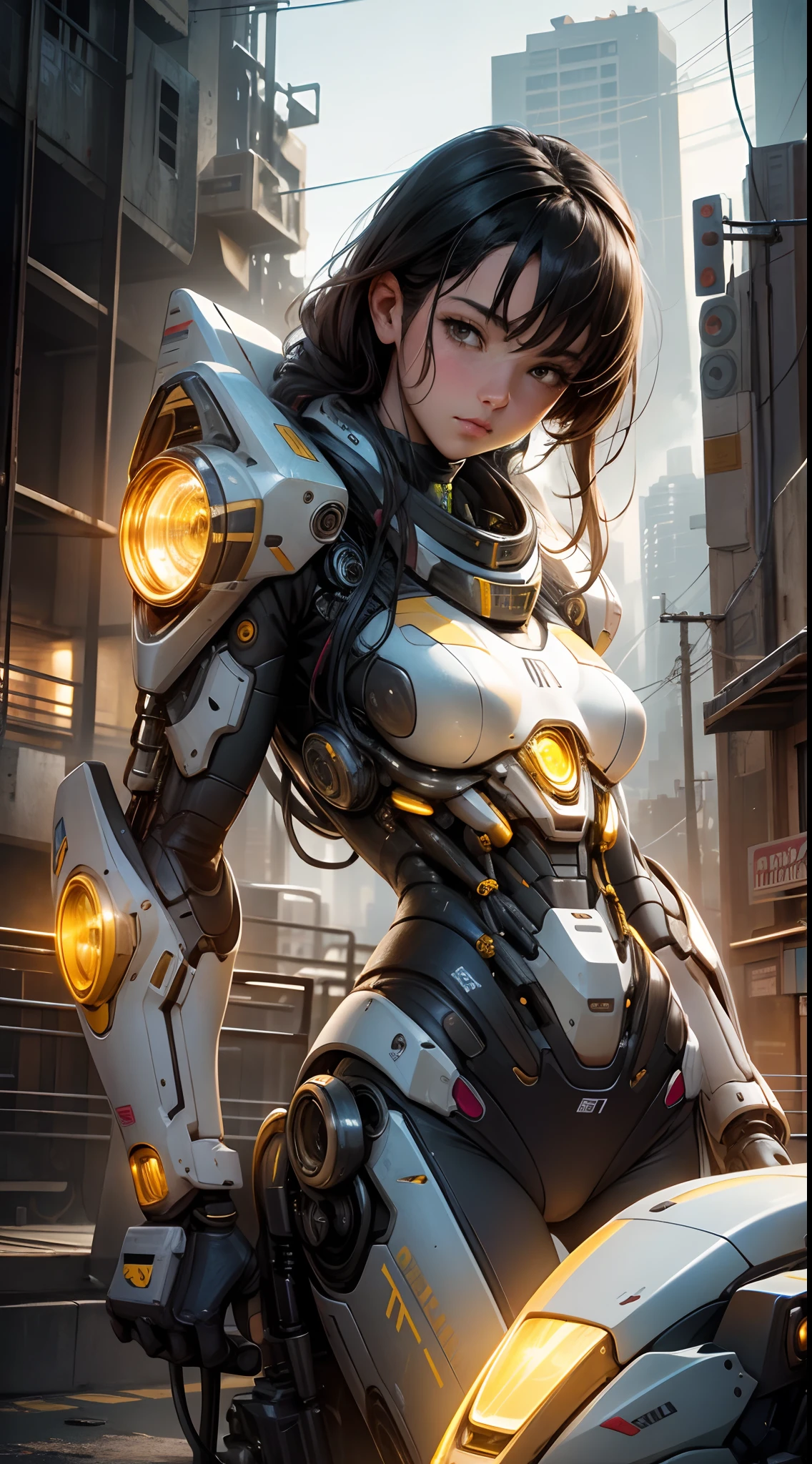 Hermosa mujer, best quality,masterpiece,realistic,sky,night,1man, yellow mecha_robot,relic scenes,cyberpunk,school of fish,(neon lights:0.7),rim lighting,transformers style,fondo rosado:1.4,motor irreal:1.4,UHD,La mejor calidad:1.4, fotorrealista:1.4, textura de la piel:1.4, obra maestra:1.8,detailed:1.4