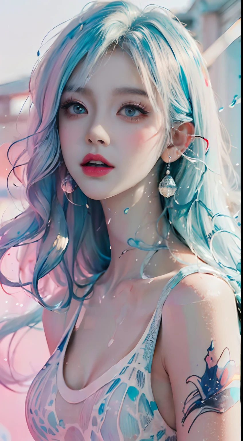 (Masterpiece, Best Quality, High Resolution), White Background, Acrylic Paint, ((Color Splash, Splash of Ink, Color Splash)), Sweet Chinese Girl, Long Light Blue Hair, [Light Blue|Pink] Hair, Curly Hair, Glitter, Peach Lips, White Shirt, Front, Upper Body