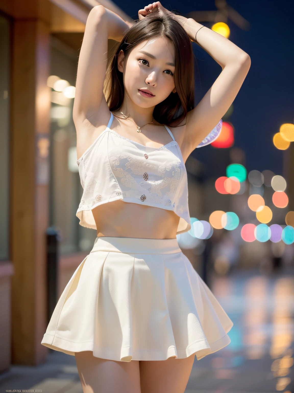 1girl, realistic, solo, (8k, best quality, masterpiece:1.2), best quality, 20years old, pretty women, cute, high detail RAW color photo, professional photograph, highly detailed background, cute girl, shiny skin, slender body, dark blown hair, smile, beautifully detailed eyes, famous Japanese idol, kawaii, necklace, earrings, full body, neon city, night city, neon sign, dynamic lighting, beautiful legs, looking at viewer, Raking up hair, street summer fashion, model pose, 