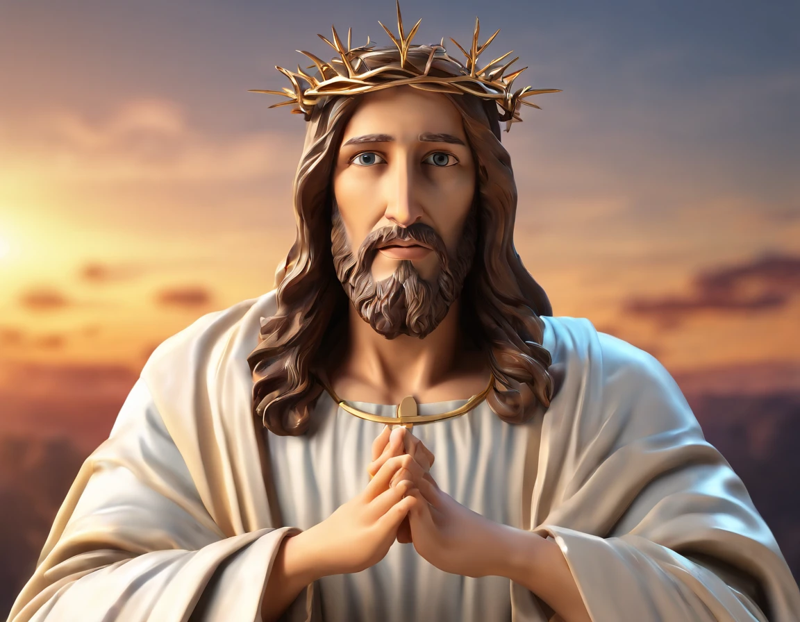 Crie uma imagem de Jesus com uma coroa, mas sem mostrar seu rosto. Use symbolic elements, like outstretched hands or an aura of light, para representar sua divindade e poder.