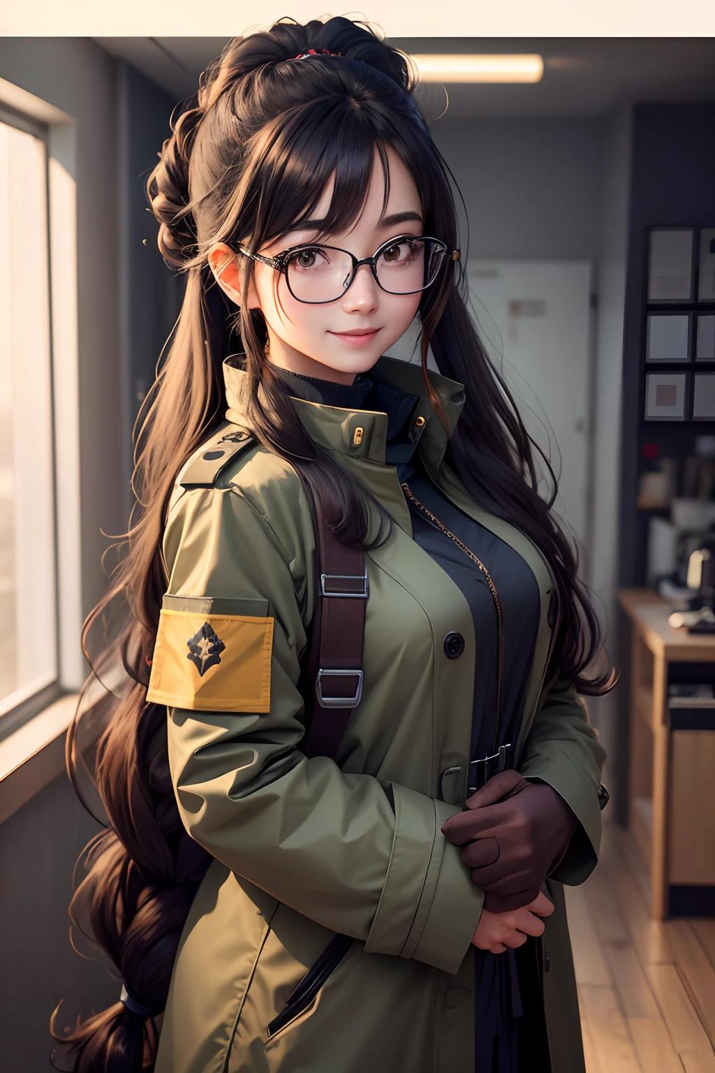 A happy and cute lady , wearing glass ,a military colour full coat, looking to viewers, very cute , natural long hair up to shoulder, open long hair, studio lighting ,morning time, standing , eye view angle shot, half body shot, highly detailed, high quality, ultra sharp resolution