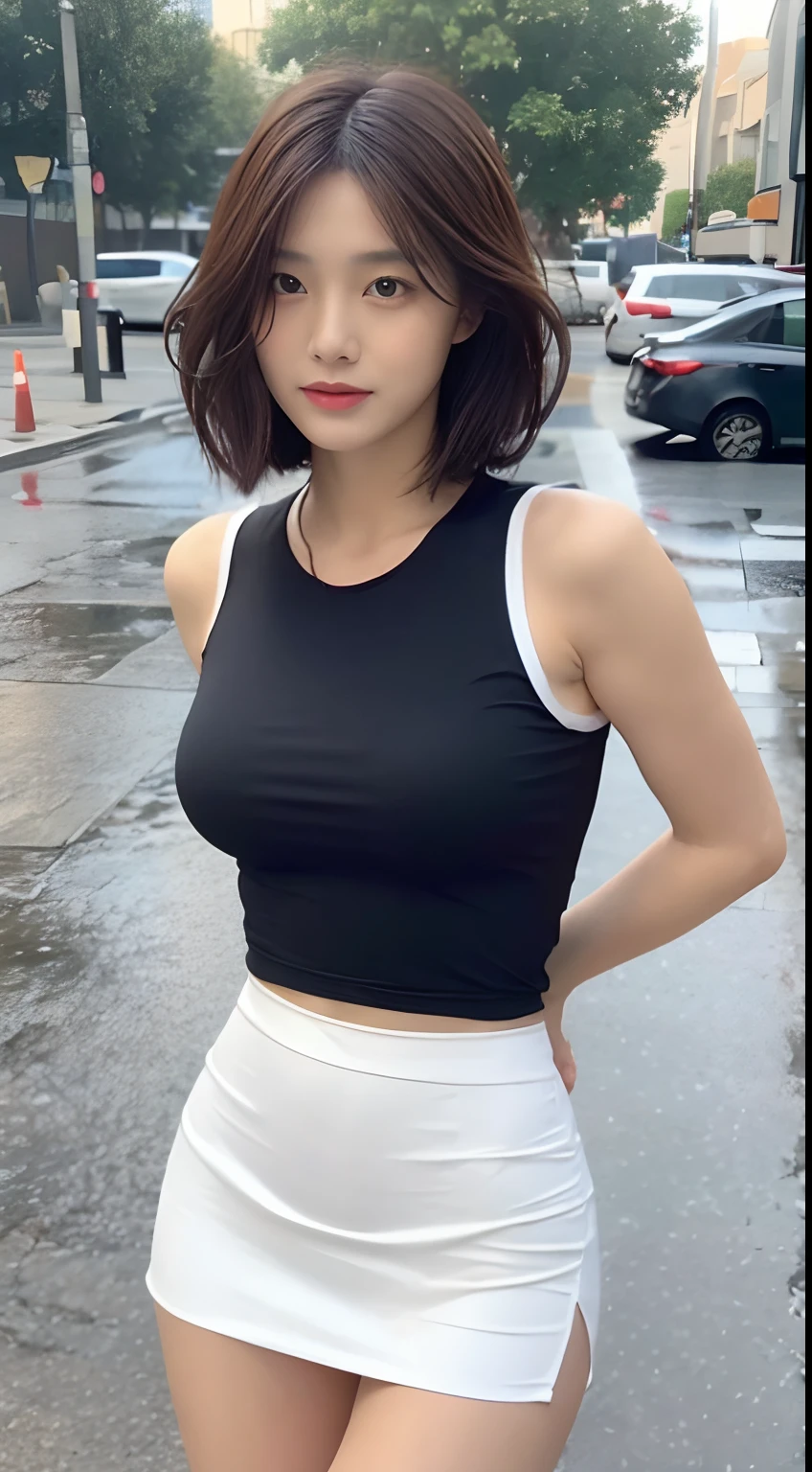 (1 Korean girl with royal sister style),((best qulaity, 8k, masterspiece:1.3)), (front side photo) ,perfect figure beautiful woman:1.4,(Cocked buttocks,Legs of ultimate beauty:1.2),(Smile with),(Street:1.3), Highly detailed facial and skin texture, detailed eye, Double eyelid,Whiten skin,(Shawl hair:1.3),(Round face:1.5),(Crop top short sleeves:1.4),On the rooftop