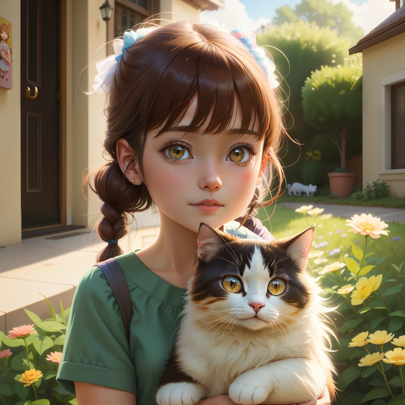 there is a girl holding a cat in her arms in front of a house, adorable digital painting, realistic anime 3 d style, cute detailed digital art, beautiful digital illustration, childrens art in artstation, kawaii realistic portrait, cute digital art, stunning digital illustration, realistic cute girl painting, cartoon digital painting, anime visual of a cute cat