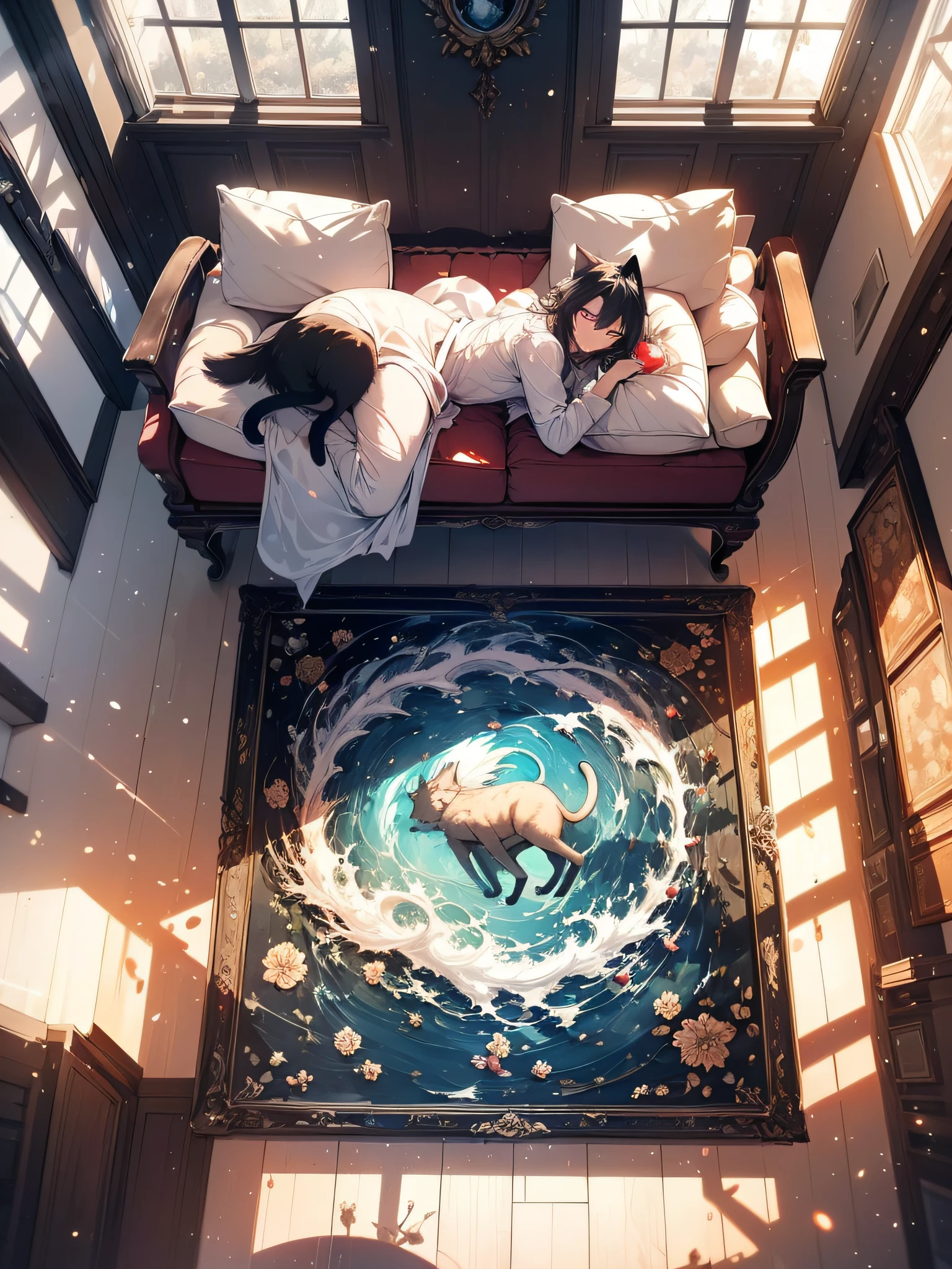 a cat lying on the sofa wearing white pajamas, short silver hair, sleepy face, glowing red eyes, lit cigarette next to it, bedroom and sofa, open window letting in sunlight, maine coon cat next to it, Body entire, (ultra-realistic), {extremely detailed 8k CG unity wallpaper}, Expansive landscape photography, (a bird's-eye view that prioritizes character and the elegance of the setting, expansive open field view), (photo in high angle), (high light: 1.5), (low light: 1.0), (warm light source: 1.5), complex details, (iridescent colors: 1.5), (bright lighting), (atmospheric lighting), dreamy, elegant