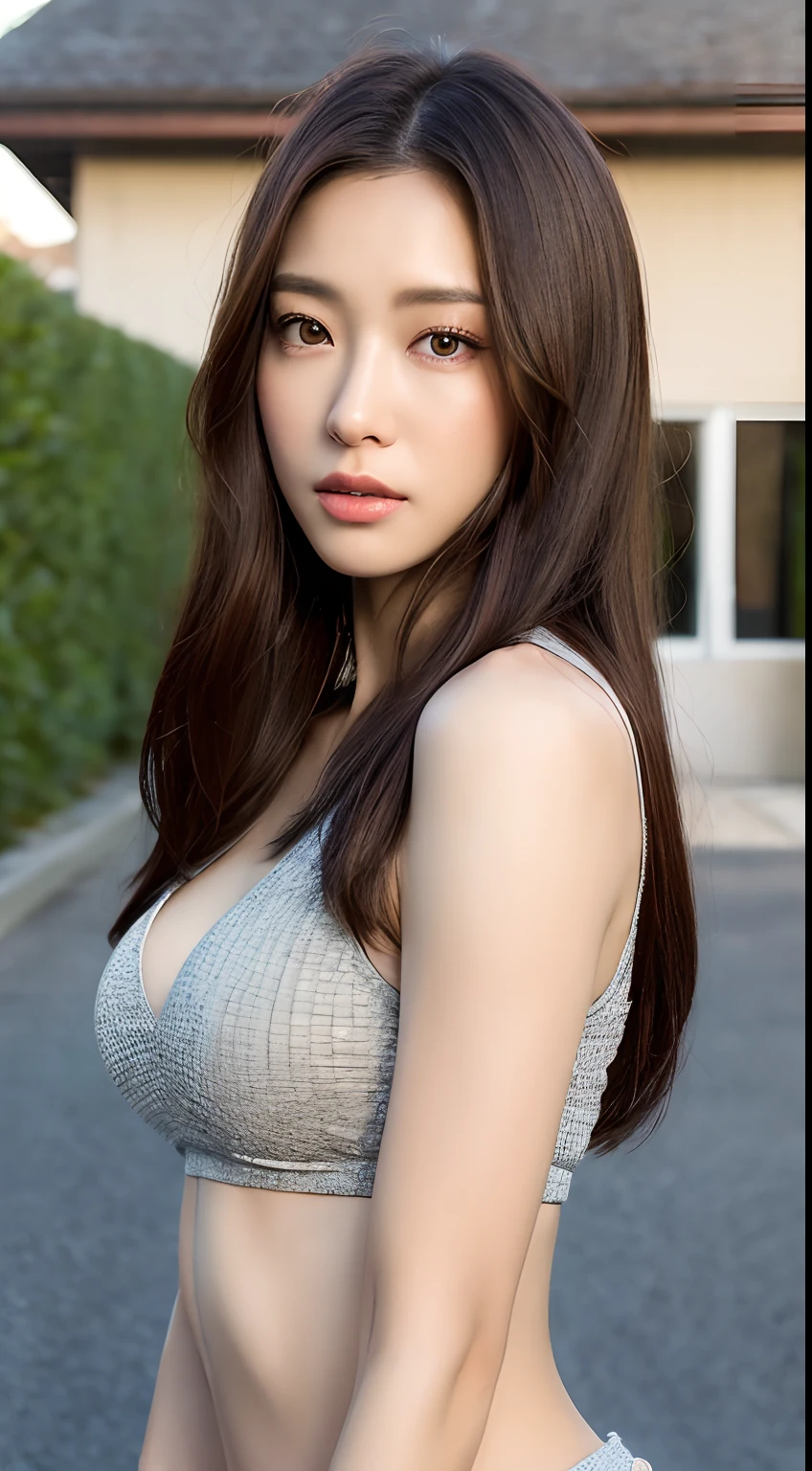 ((Best quality, 8K, masterpiece:1.3)),1girl,18 years old,Asian,Real texture:1.3,(Background blur:1.3),Dress Up,Tall and slender figure:1.2,(Hot summer weather),(garden:1.3),Highly detailed face and skin textures,Exquisite eyes,Long eyelashes,Double eyelids,Skin Whitening,happy,Big breasts