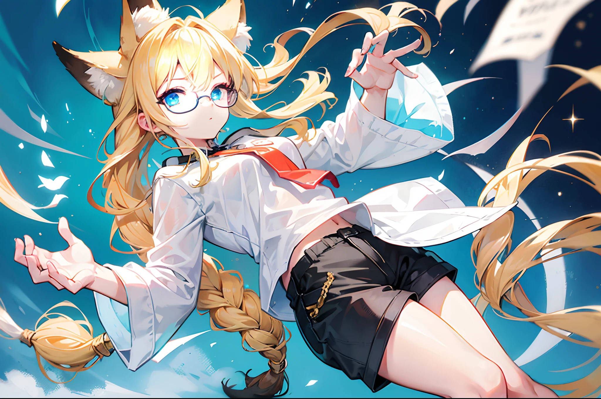 18-year-old blonde, Turquoise eyes, long-haired, Left Braid, eye glasses. Wear a white shirt....., Black shorts with a fox tail.