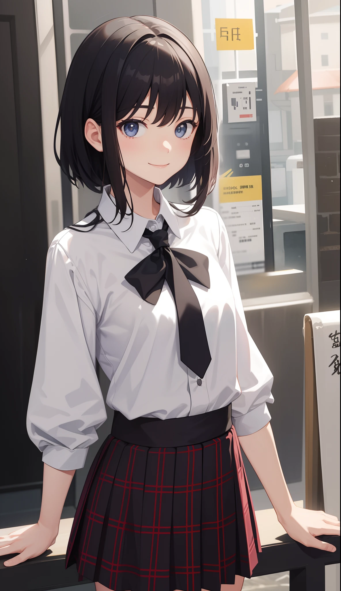 mitsuhamiyamizu, mitsuha miyamizu, black hair, (brown eyes:1.5), hair ribbon, (small breast:1.2),
BREAK bow, bowtie, kneehighs, pleated skirt, red bow, red bowtie, , skirt, white shirt, long sleeves,
BREAK looking at viewer,
BREAK indoors, classroom,
BREAK (masterpiece:1.2), best quality, high resolution, unity 8k wallpaper, (illustration:0.8), (beautiful detailed eyes:1.6), extremely detailed face, perfect lighting, extremely detailed CG, (perfect hands, perfect anatomy),