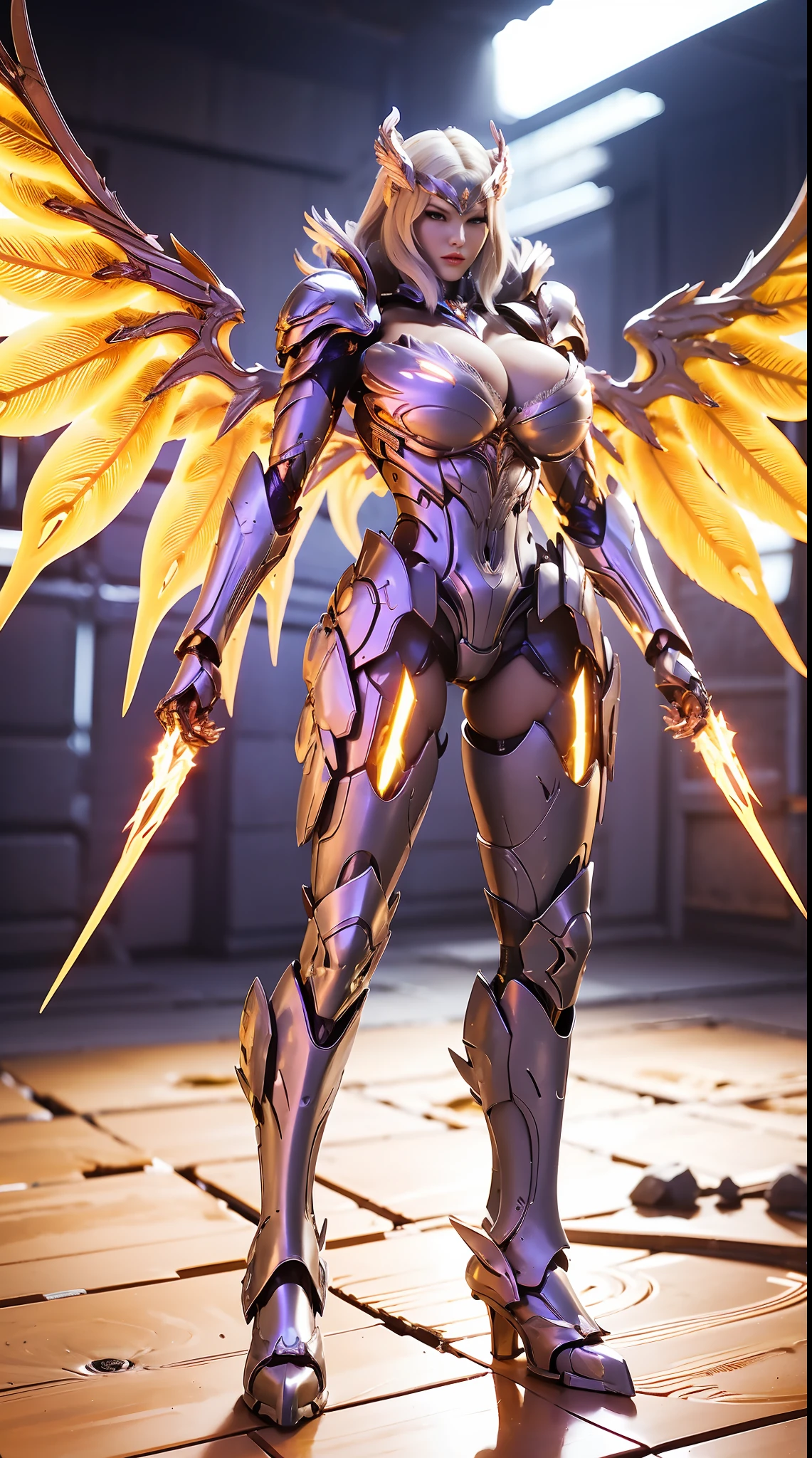 HUGE BOOBS, MECHA ARMOR FULL SUIT, (CLEAVAGE), (A PAIR LARGEST PHOENIX WINGS), TRANSPARANT, TALL LEGS, STANDING, SEXY BODY, MUSCLE ABS.