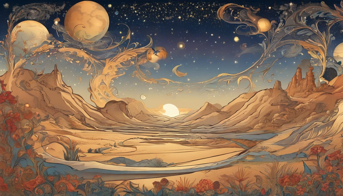 Huge planet, Abundant desert, the night, starrysky, Surrealism, masterpiece, highres, 16k