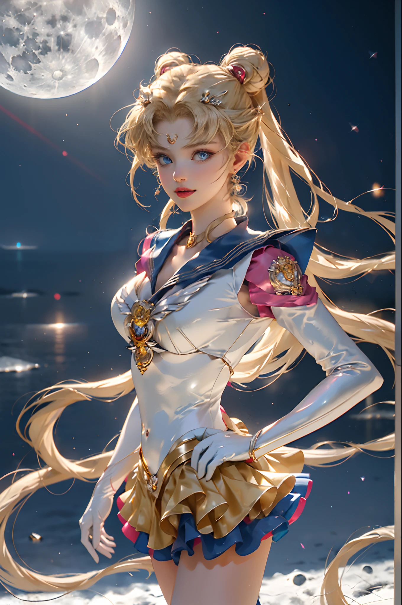 Masterpiece, Full: 1.3, Stand, 8K, 3D, Realistic, Ultra Micro Shooting, Top Quality, Extreme Detail CG Unity 8K Wallpaper, from below, intricate details, (1 female), 18 years old, (Sailor Moon supersailormoon mer1, Tiara, Sailor Senshi Uniform Sailor: 1.2, Sailor Moon: 1.2), Impossibly long bright twin-tailed blonde, thin and very long straight twin-tailed blonde, hair bun, red round hair ornament in a hair bun, Sailor Senshi uniform, (blue collar, blue sailor collar, blue pre-gate mini skirt: 1.3, very large red bow on the chest: 1.3, long white latex gloves: 1.3, red gloves on the elbows, Very large red bow behind the waist: 1.1, cleavage is looking large, golden tiara, earrings), (face details: 1.5, bright blue eyes, beautiful face, beautiful eyes, shiny eyes, thin lips: 1.5, thin and sharp pale eyebrows, long dark eyelashes, double eyelashes), luxurious golden jewelry, thin, thin and muscular, small face, big breasts, perfect proportions, Thin waist, sexy model pose, visible pores, seductive smile, perfect hands: 1.5, high-leg swimsuit, very thin and fit high-gloss white holographic leather, octane rendering, very dramatic image, strong natural light, sunlight, exquisite lighting and shadow, dynamic angle, DSLR, sharp focus: 1.0, Maximum clarity and sharpness, (space background, moonlight, moon, dynamic background, detailed background)