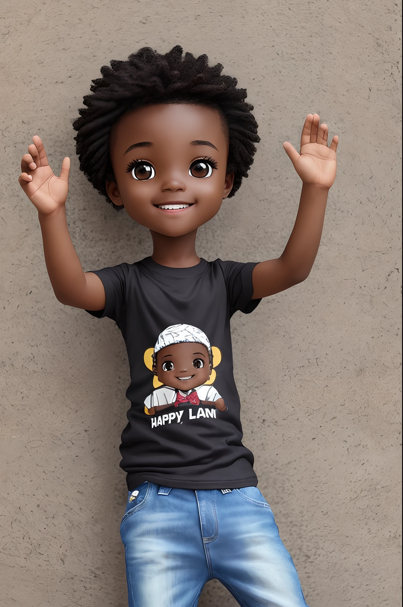 1small African boy dark brown skin:5, (full body), (((happy and bouncy))), hands in hair, waving goodbye, realistic shadows, sparkling eyes, detailed skin, slightly shiny black eyes, black curly hair, style handsome boy, very detailed, highly detailed 8k face, perfect face shape, perfect full lips, perfect nose, correct beautiful eyes, observant, t-shirt and jeans: 3.45, masterpiece, best quality, single, jeans, (((alone)), chibi