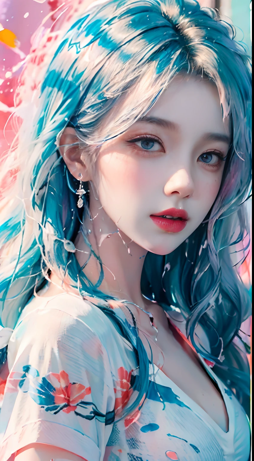 (Masterpiece, Best Quality, High Resolution), White Background, Acrylic Paint, ((Color Splash, Splash of Ink, Color Splash)), Sweet Chinese Girl, Long Light Blue Hair, [Light Blue|Pink] Hair, Curly Hair, Glitter, Peach Lips, White Shirt, Front, Upper Body