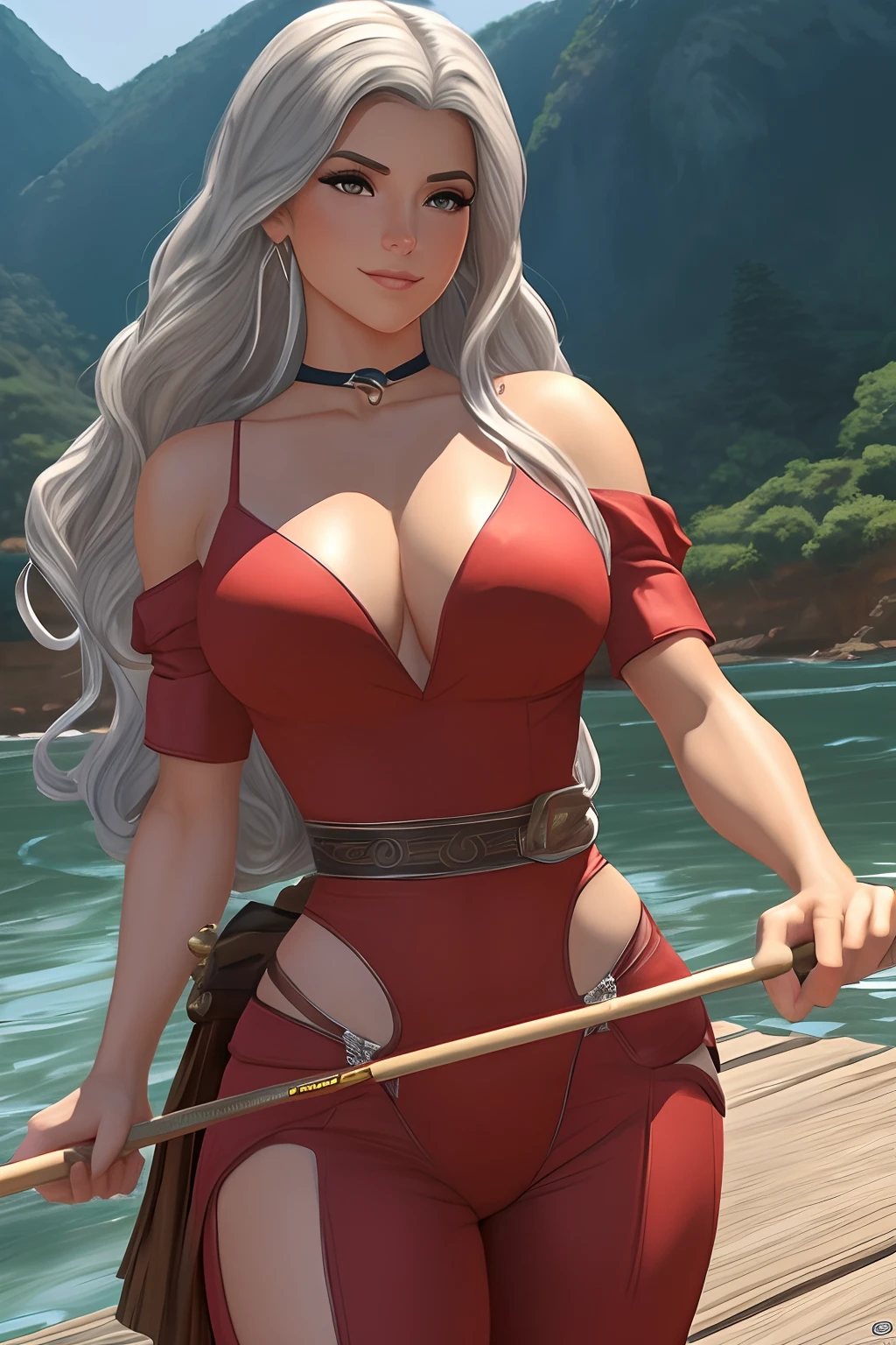 (SFW)Arte similar Jonh Buscema,1garota,cabelo longo encaracolado ruivo, sardas no rosto,, olhos castanhos claros, brejeira, super-realista, middlebreasts, Jumpsuit with silver buckle, usando botas, olhar sapeca, sexy, 4K分辨率, Lotes Cameltoe , muito camelo, sentido garota encrenqueira, pelos ruivos, segurando uma vara de pesca, Fishing on a river pier.