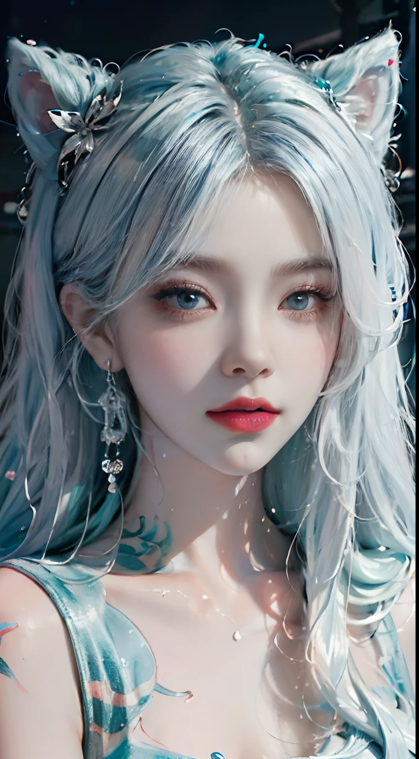 (masterpiece:1.4), (best quality:1.4), realistic, 1gril, solo, ((light blue hair)), hair ornament, long hair, blue eyes, collarbone, portrait, red lips, parted lips, (cleavage, pleated skirt), small breasts, blue nails, necklace, earrings, fashi-girl, looking at viewer, professional light, night, rain, outdoors,