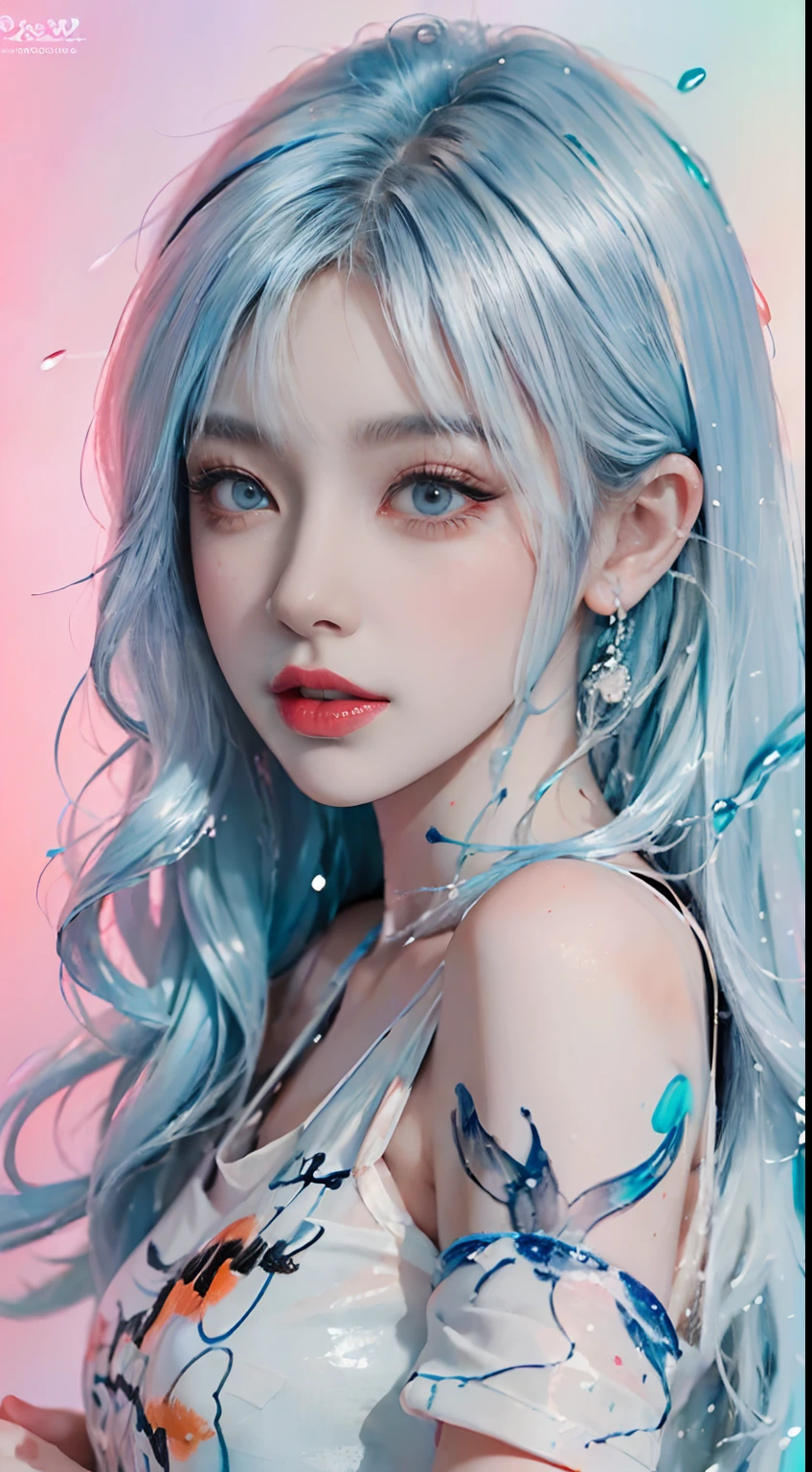 (Masterpiece, Best Quality, High Resolution), White Background, Acrylic Paint, ((Color Splash, Splash of Ink, Color Splash)), Sweet Chinese Girl, Long Light Blue Hair, [Light Blue|Pink] Hair, Curly Hair, Glitter, Peach Lips, White Shirt, Front, Upper Body
