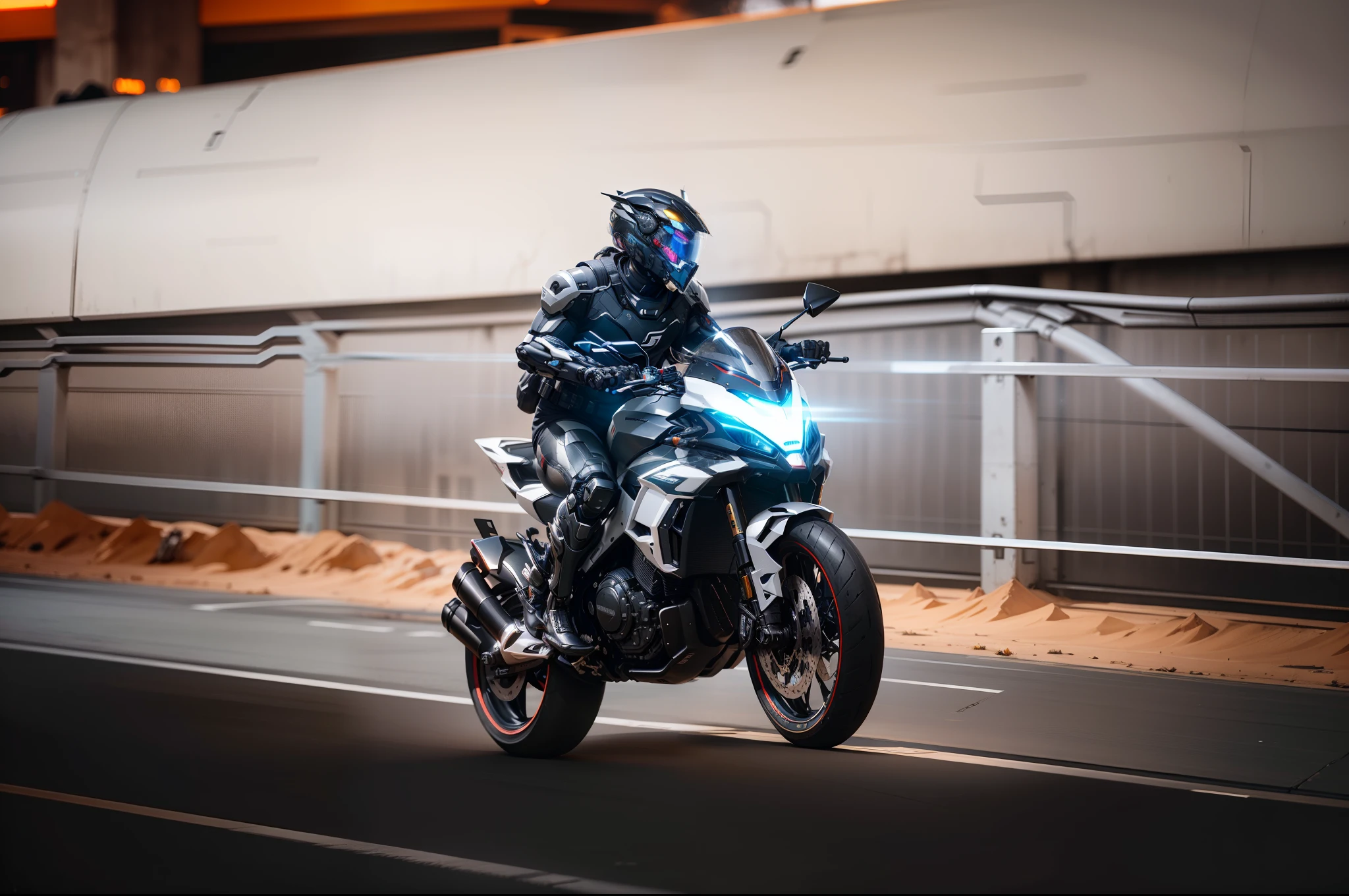 Handsome full body black mecha white short hair cyber handsome warrior, black cyber mechanical motorcycle, high-tech black full surround helmet, white short hair, Nousr, biomechanics, MSHN robot man, high-tech helmet, surreal, steel, complex design, crazy details, fine details, extremely clear lines, cinematic lighting, photo realism, detailed masterpiece