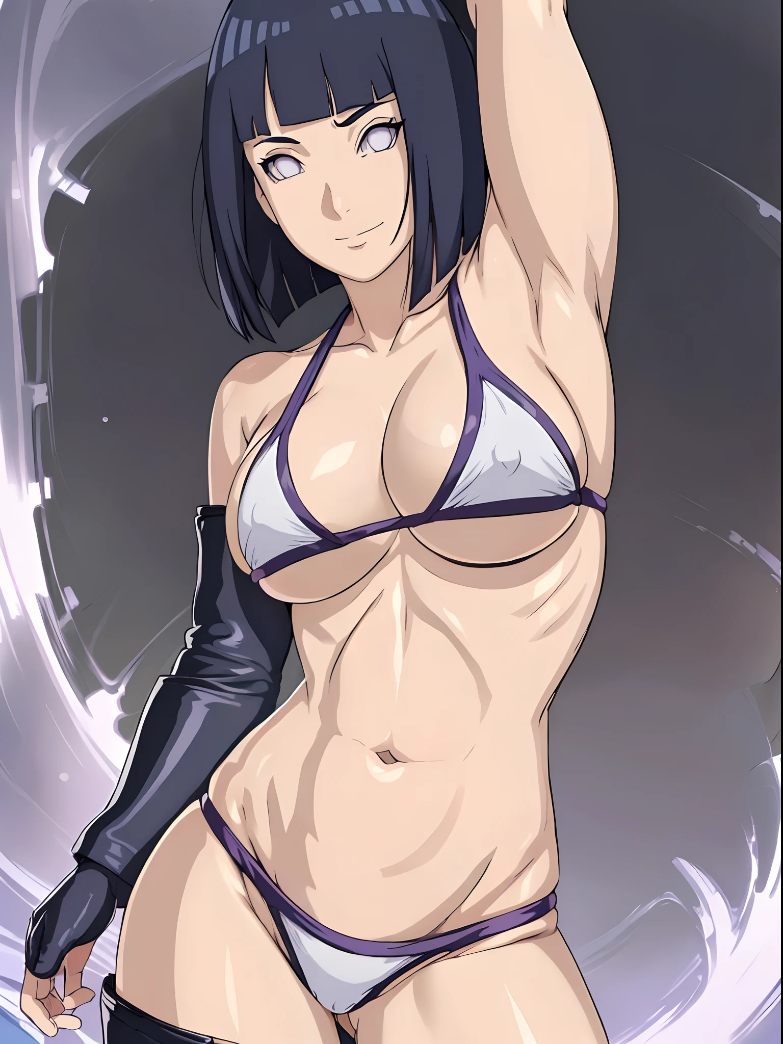 (4k, no angle view, portrait, best quality, cowboy shot), (ultra detailed body, curvy), ((solo, 1 girl)), anime style, hires, ((white background)), (hinata\(boruto\), (female wrestler), (slender body, broad shoulders), (mature woman, milf), (tigress, micro bikini, ultra detailed pro wrestling gear, long gloves, long boots), (extremely gorgeous), (tilt head, seductive look, ((seductive pose, armpit, stretching)), seductive face, seductive expression, (sexy expression), smile, closed mouth), (pale skin, shiny skin, lighting and shadow), (dark blue hair color:1.1), wavy hair, ((short hair, hime cut, (floating hair)), big breasts, ((detailed arm curves)), (long belly), (very seductive), (perfect eyes, anime eyes)