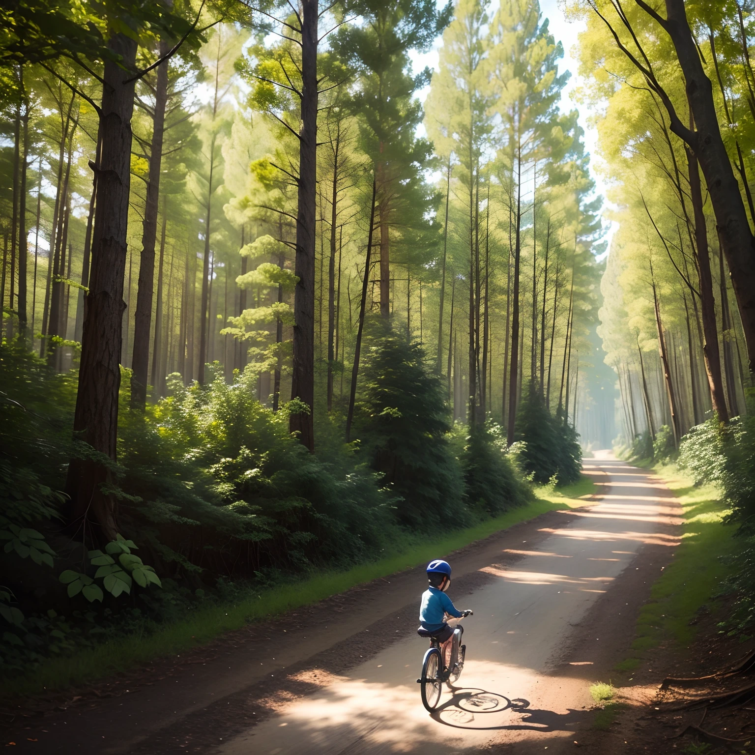 Little boy riding a bicycle on a forest path