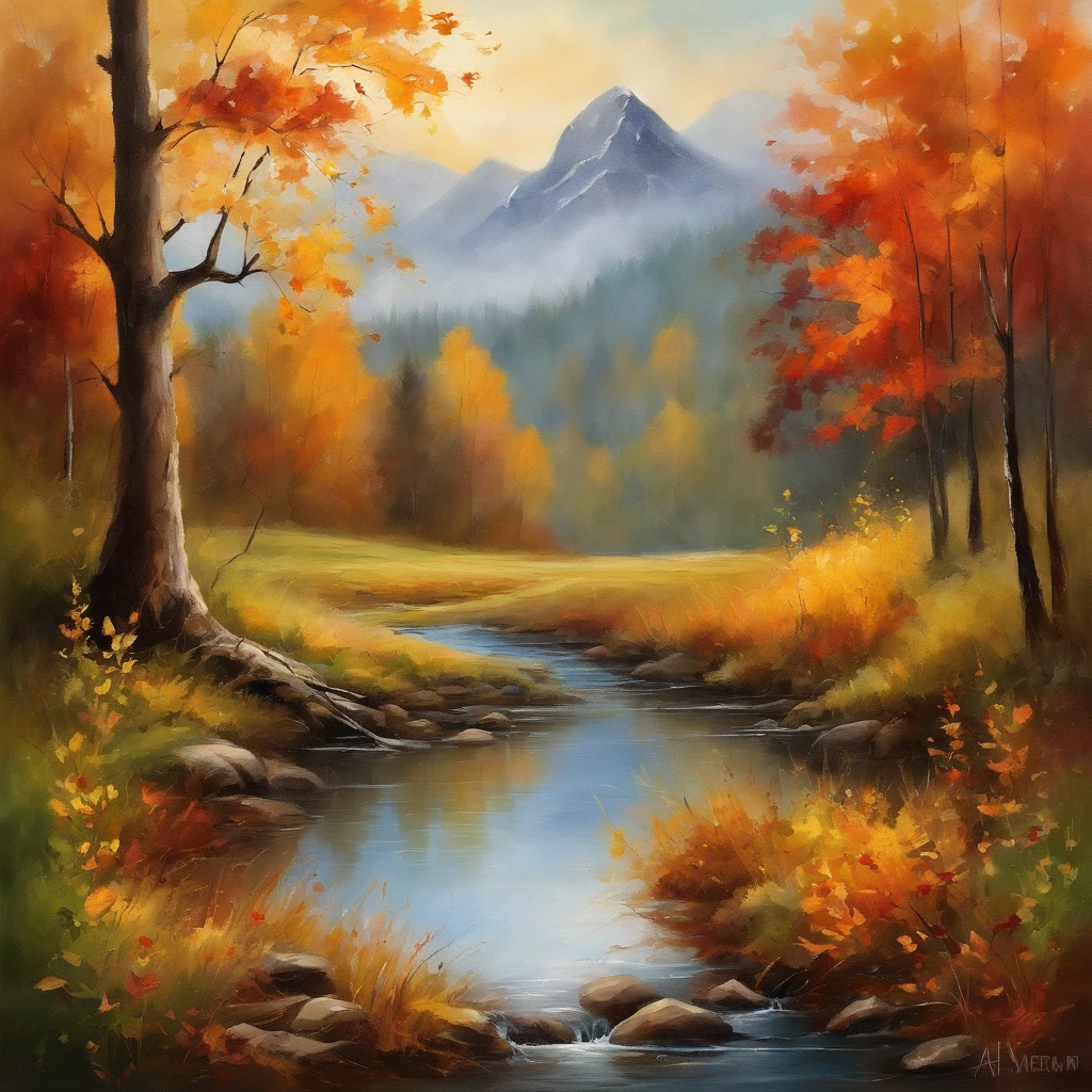 (Best quality,4K,8K,A high resolution,Masterpiece:1.2),Autumn landscape,fall foliage,tranquil ambiance,Natural beauty,Golden leaves,Sun-drenched forest,Crimson,Orange,amarelo,Warm tones,Sunlight through the trees,Lush green grass,magnificent view,serene river,cascading waterfalls,Rustic wooden bridge,a serene pond,Foggy morning,refreshingbreeze,Romantic atmosphere,Calm and quiet,Beautiful woods,Ethereal mist,Fallen leaves cover the earth,Colorful natural tapestry,Reflections on still water,Golden hour lighting,Majestic mountains in the background,Vivid and rich seasonal colors,Fallen leaves dance in the wind,serenity and calm,Hiking trails to hidden gems,A canvas of nature,Picturesque scene,Photogenic settings,The magic of autumn,Harvest season atmosphere,Fresh air and comfortable sweater,Warm and peaceful environment