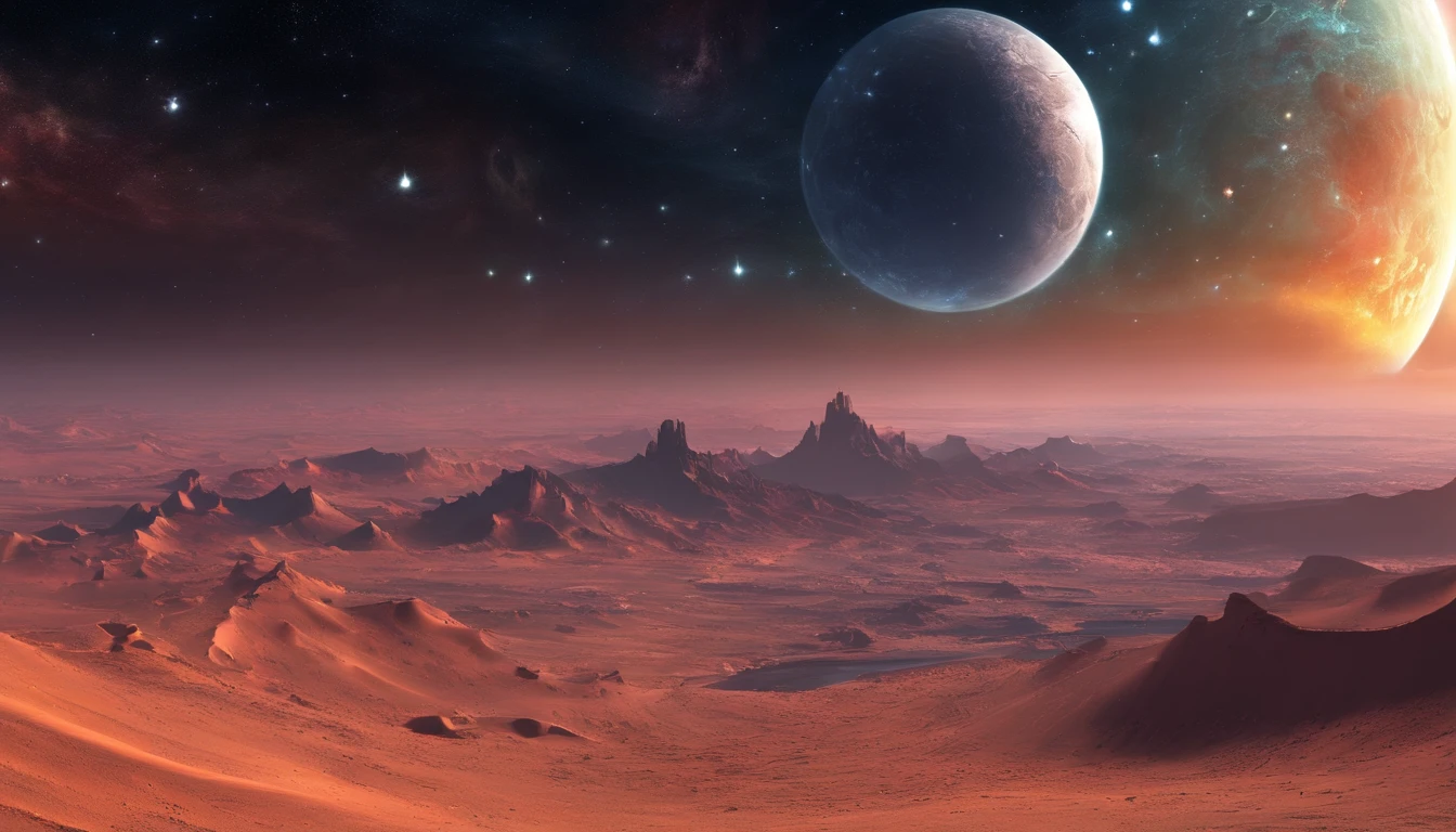 Huge planet, Abundant desert, the night, starrysky, surrealism, Masterpiece, A high resolution, 16k