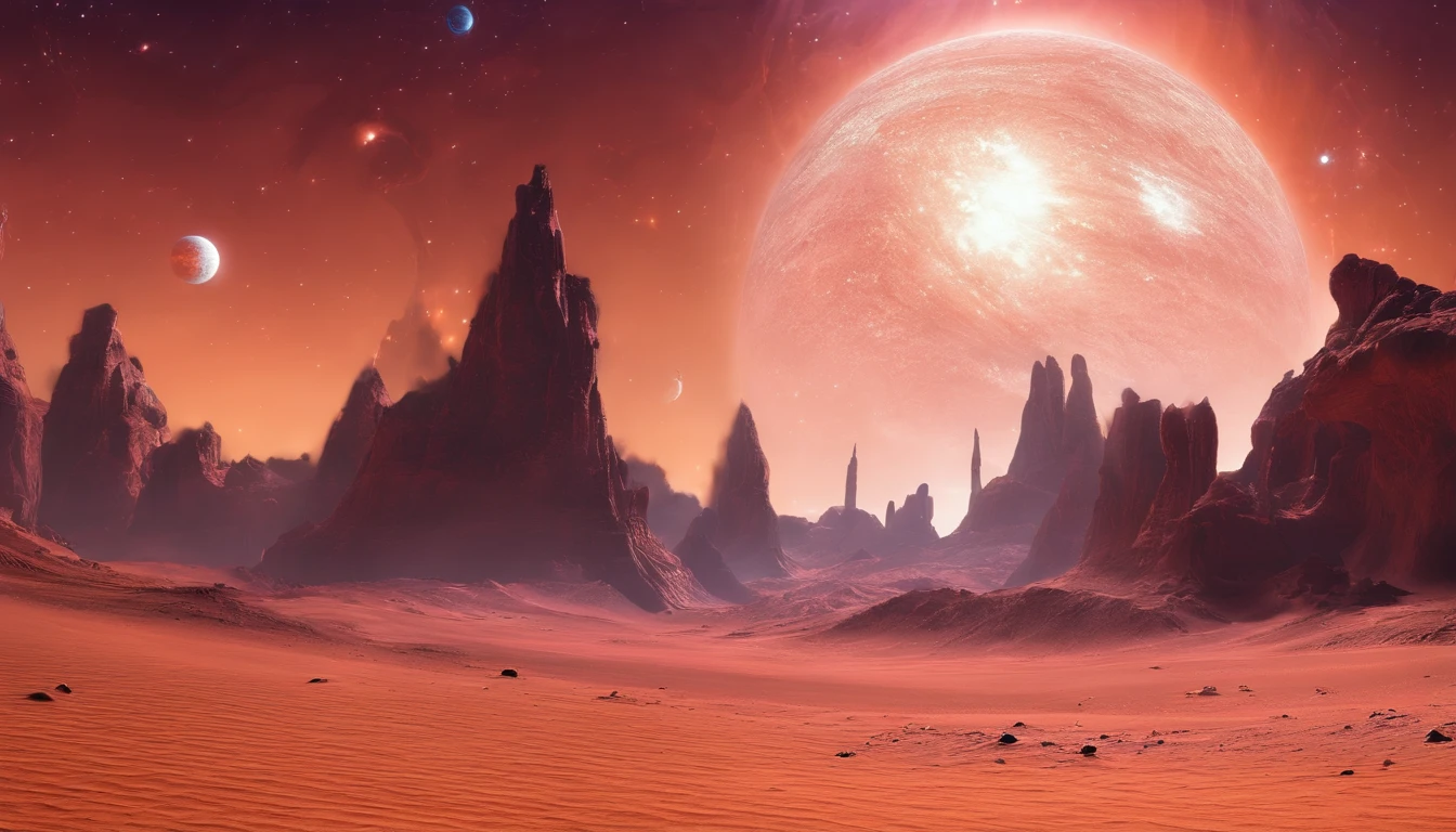 Huge planet, Abundant desert, the night, starrysky, surrealism, Masterpiece, A high resolution, 16k