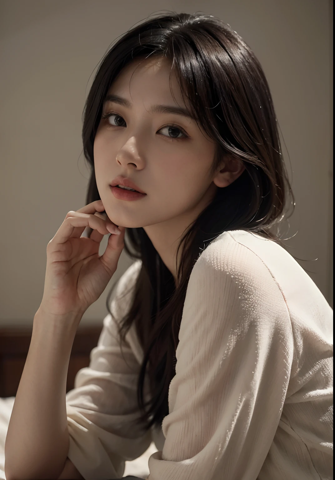 A detailed, high-resolution image of a woman with black hair, wearing a white shirt (realistic,photorealistic:1.37), surrounded by an atmosphere of soft natural light (studio lighting). The woman's facial features are beautifully detailed, with captivating eyes (beautiful detailed eyes), well-defined nose (beautiful detailed nose), and luscious lips (beautiful detailed lips). The image showcases the woman's elegant appearance, with a confident and charismatic expression. Her long eyelashes add to her charm (long eyelashes). The composition emphasizes the woman's face and upper body. The background is minimal, featuring muted colors that enhance the focus on the woman's beauty. The artwork is created in a medium that combines the art styles of Shiori Teshirogi, Kotegawa Yui, Yasumoto Oka, Narumi Kakinouchi, Chiho, Kimi Takemura, 奈良美智, Harumi, Sui Ishida, and Aoi Ogata, resulting in a unique blend of elegance, sophistication, and artistic brilliance. The overall color palette is soft and warm, with a touch of vintage tones. The image is of the highest quality (best quality, 4k, 8k, highres, masterpiece:1.2), capturing every intricate detail of the woman's features and the texture of her shirt (ultra-detailed). The final artwork will be a stunning portrayal of feminine grace and beauty, with a touch of artistic fantasy.