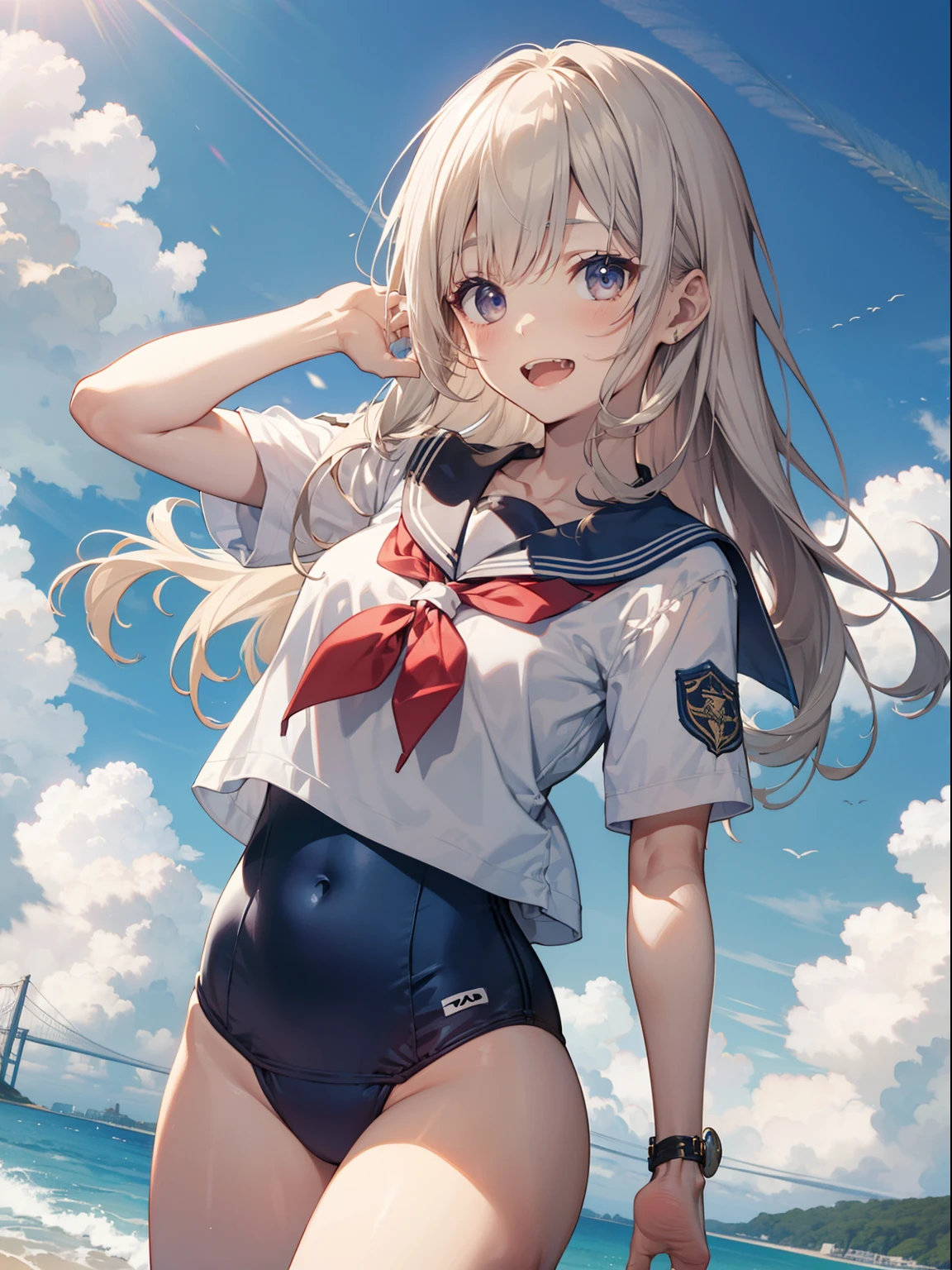 top-quality、Full limbs、complete fingers、Slender beauty、1 persons、ssmile、double tooth、embarassed expression、Sailor School Swimsuit、knee high