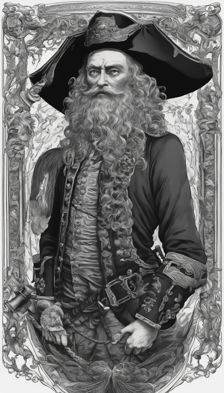 Edward Teach, con sus barbas trenzadas por las tormentas marinas, emerge como un temible pirata en el Caribe del siglo XVIII. Su figura corpulenta y cabello oscuro se destacan en su vestimenta de pirata, marcando su presencia en el barco negro como la muerte.