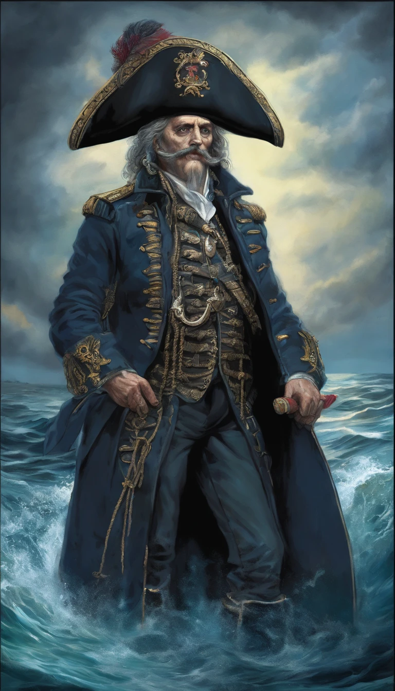 Edward Teach, con sus barbas trenzadas por las tormentas marinas, emerge como un temible pirata en el Caribe del siglo XVIII. Su figura corpulenta y cabello oscuro se destacan en su vestimenta de pirata, marcando su presencia en el barco negro como la muerte.