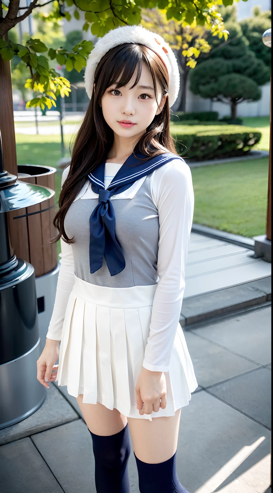 mix4, (16 K, Raw photography, Top image quality, masterpiece: 1.45), (realisitic, Photorealsitic: 1.37), one girls, 7.5, etc、Random hairstyle、Standing figure,Morning time slot、a very cute,a park,, profetional lighting, photon maping、physically-based renderingt, Gradient dark brown hair,, a handsome, Well-groomed and beautiful eyes、Large double eyelids、Very shiny、girl with, (((student clothes、Winter clothes、Sailor suit worn by Japan schoolgirl、Navy blue sailor color、scarf、a miniskirt, Small beret、high socks、lowfers))), Top Quality Photos, hight resolution, 1080p, (clearface), (Detailed face description), (Detailed hand description), (masterpiece), (Exquisite CG)、extreme light and shadows、dishevled hair、master work、abundant detail、(Fine facial features)、(top quality photo)、(masuter piece)、(A detailed eye)、Look in front of you、Fine clavicle、((Slender big))、(((Japan schoolgirl in sailor suit)))、((Ready Idol System))、((a park、Slide、The fountain、seesaw))、(((neat and cute)))、耳Nipple Ring、A big smile、Drawing the whole body from the knees、Do not draw nasolabial folds、(((Cute sailor suit)))、(Big breasts that hang down big:1.4)、Big buttocks with tension、Two arms and two legs、(((from the front side:0.1)))、bare hand、No mask、