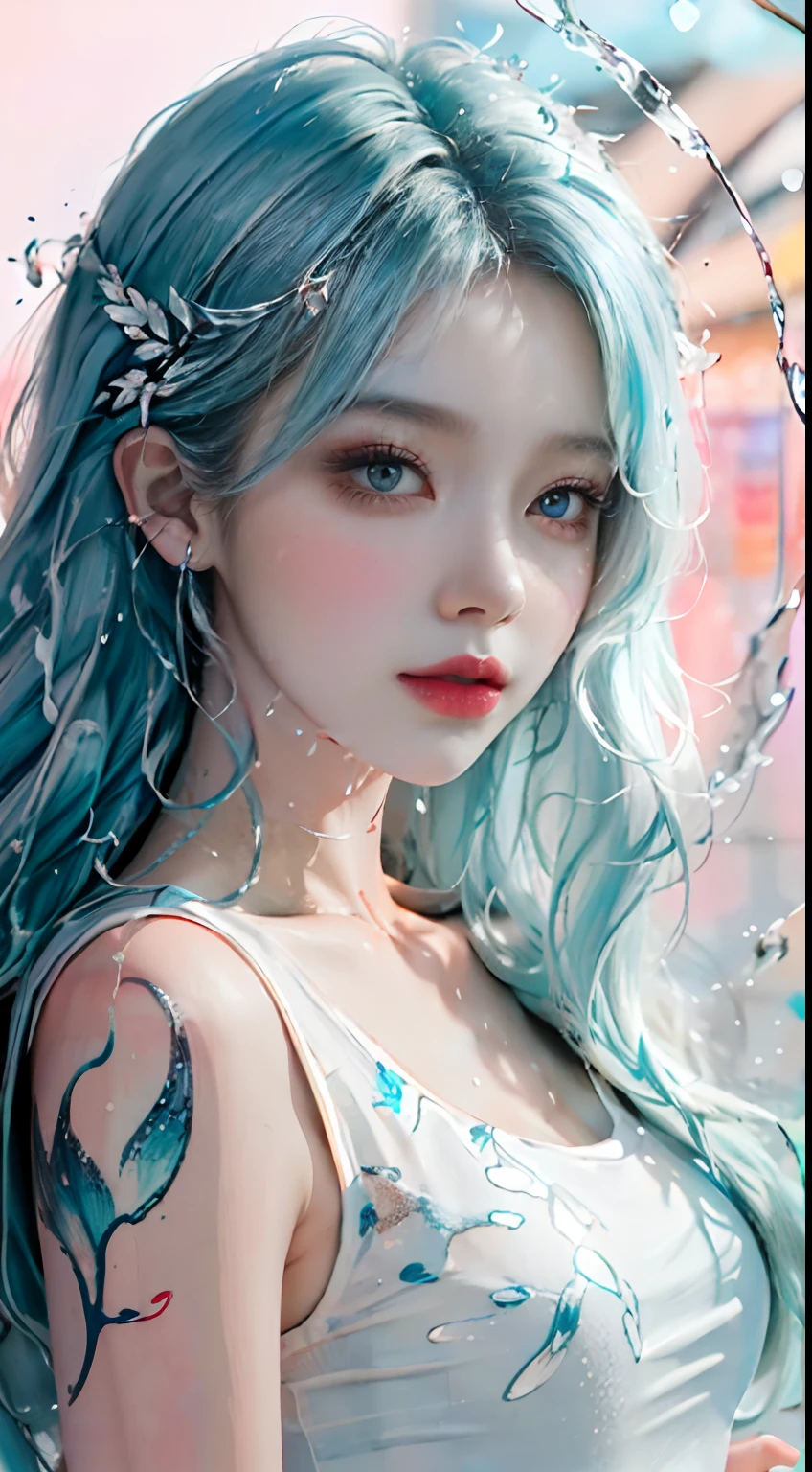 (Masterpiece, Best Quality, High Resolution), White Background, Acrylic Paint, ((Color Splash, Splash of Ink, Color Splash)), Sweet Chinese Girl, Long Light Blue Hair, [Light Blue|Pink] Hair, Curly Hair, Glitter, Peach Lips, White Shirt, Front, Upper Body