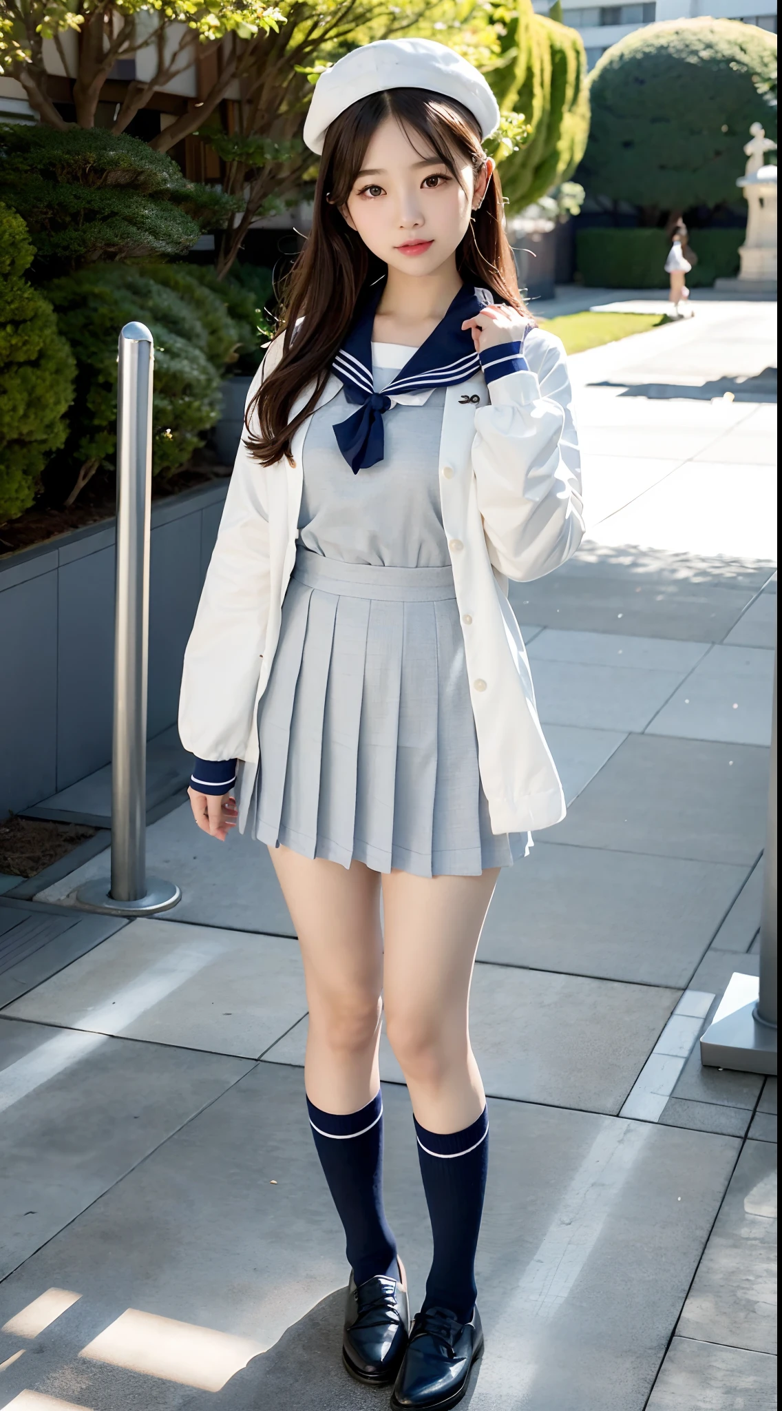 mix4, (16 K, Raw photography, Top image quality, masterpiece: 1.45), (realisitic, Photorealsitic: 1.37), one girls, 7.5, etc、Random hairstyle、Standing figure,Morning time slot、a very cute,a park,, profetional lighting, photon maping、physically-based renderingt, Gradient dark brown hair,, a handsome, Well-groomed and beautiful eyes、Large double eyelids、Very shiny、girl with, (((student clothes、Winter clothes、Sailor suit worn by Japan girl、Navy blue sailor color、scarf、a miniskirt, Small beret、high socks、lowfers))), Top Quality Photos, hight resolution, 1080p, (clearface), (Detailed face description), (Detailed hand description), (masterpiece), (Exquisite CG)、extreme light and shadows、dishevled hair、master work、abundant detail、(Fine facial features)、(top quality photo)、(masuter piece)、(A detailed eye)、Look in front of you、Fine clavicle、((Slender big))、(((Japan schooln sailor suit)))、((Ready Idol System))、((a park、Slide、The fountain、seesaw))、(((neat and cute)))、耳Nipple Ring、A big smile、Drawing the whole body from the knees、Do not draw nasolabial folds、(((Cute sailor suit)))、(Big breasts that hang down big:1.4)、Big buttocks with tension、Two arms and two legs、(((from the front side:0.1)))、bare hand、No mask、