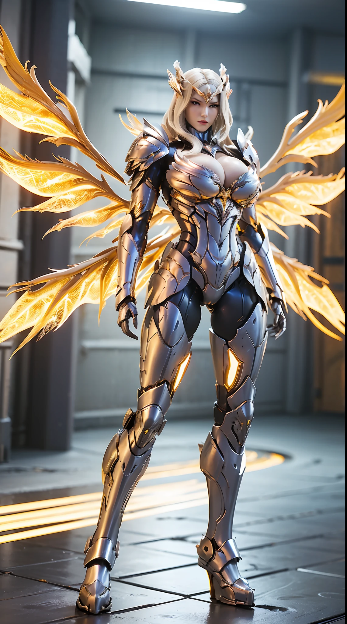 HUGE BOOBS, MECHA ARMOR FULL SUIT, (CLEAVAGE), (A PAIR LARGEST PHOENIX WINGS), TRANSPARANT, TALL LEGS, STANDING, SEXY BODY, MUSCLE ABS.