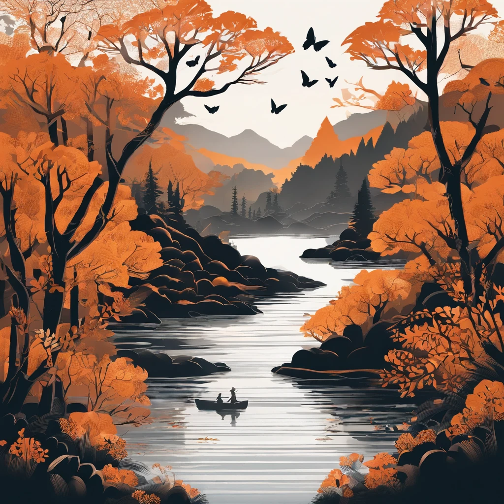 (best quality,4k,highres,masterpiece:1.2),ultra-detailed,realistic,hdr,dreamy orange and black pastel color palette,intricate paper art style illustration,forest,river running,colorful butterflies,dense foliage,vibrant flowers,towering trees,sunlight filtering through the leaves,peaceful atmosphere,reflection on the water,serene ambiance,soft lighting,dream-like,ethereal scenery,magical and enchanting environment.